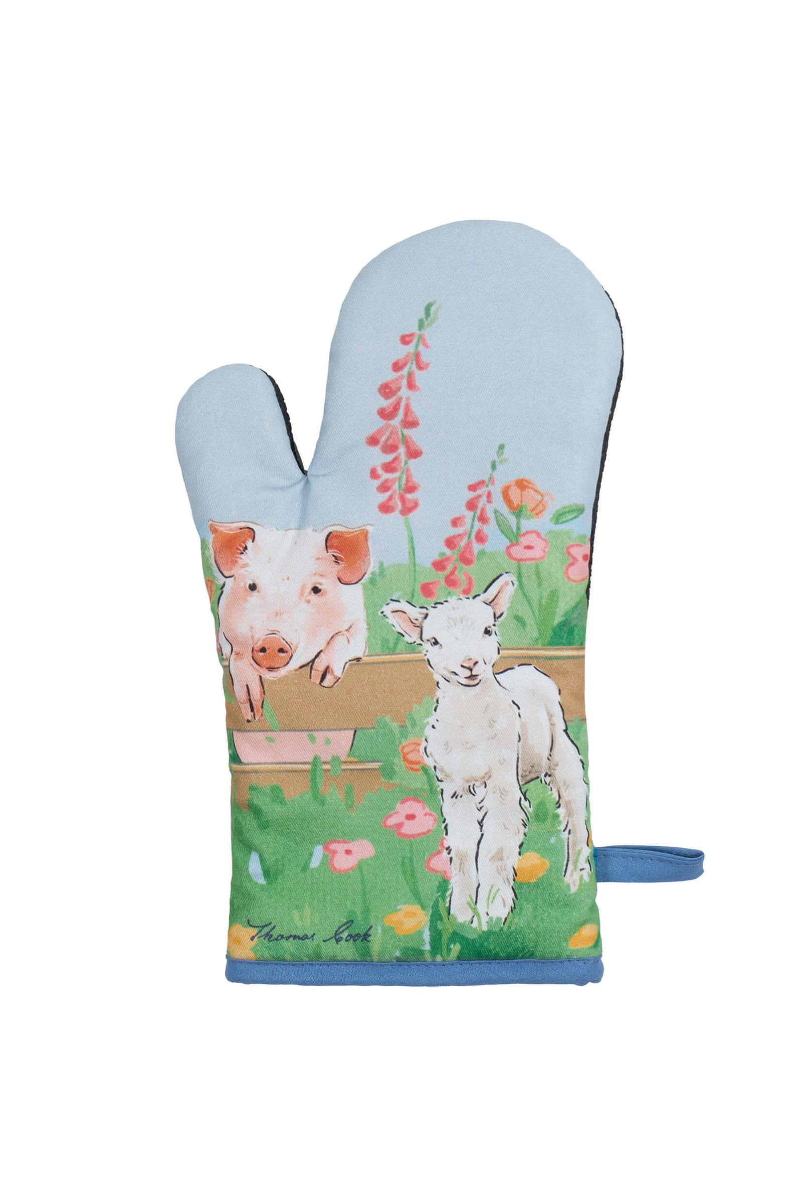 A Thomas Cook Farmyard oven mitt and pot holder set, featuring a floral design with farm animals such as chickens and cows.