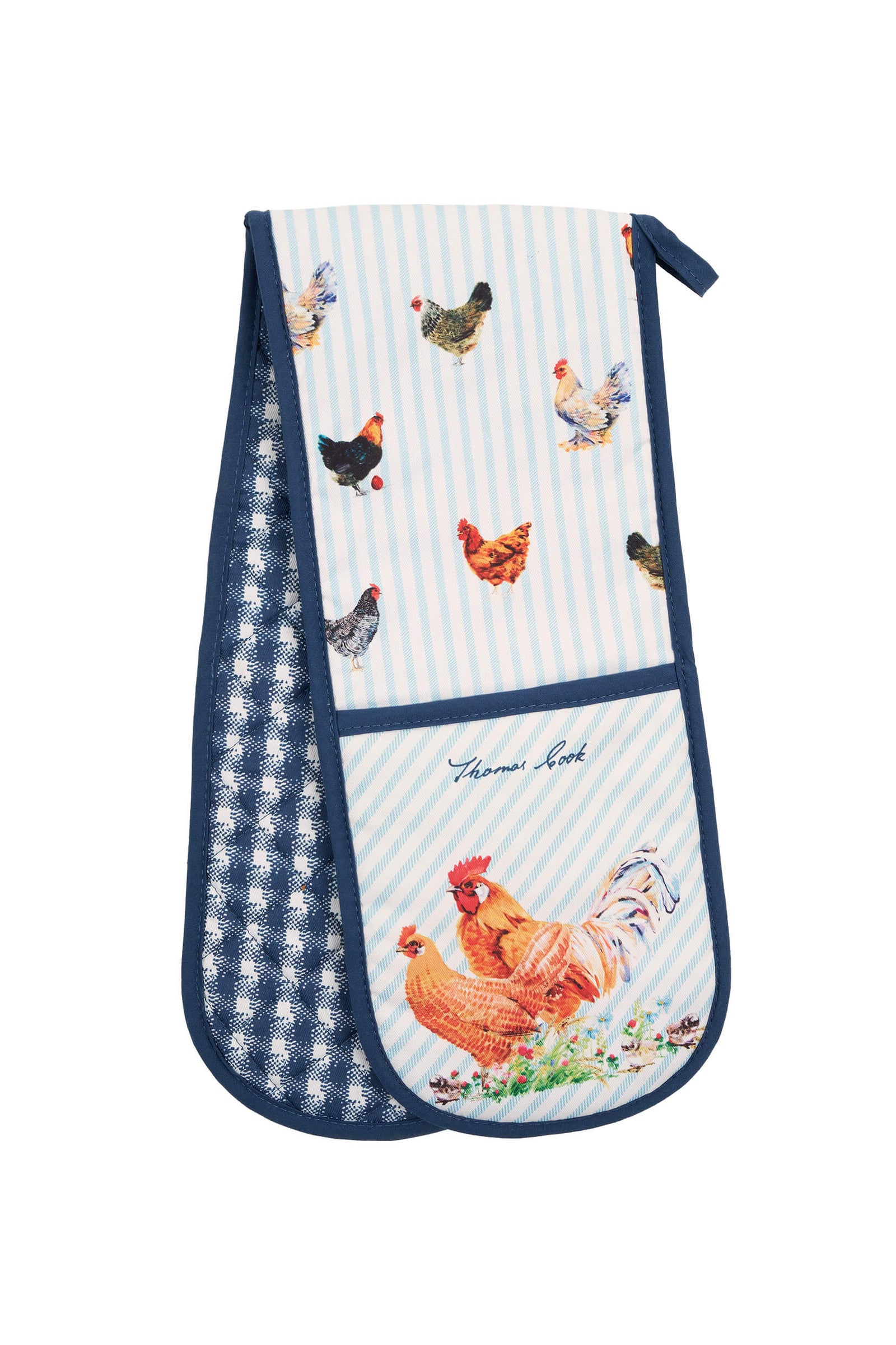 Thomas Cook Chicken's Double Oven Glove. A double oven glove with a chicken design, featuring various chickens and eggs on a striped background with a blue checkered section on the reverse.