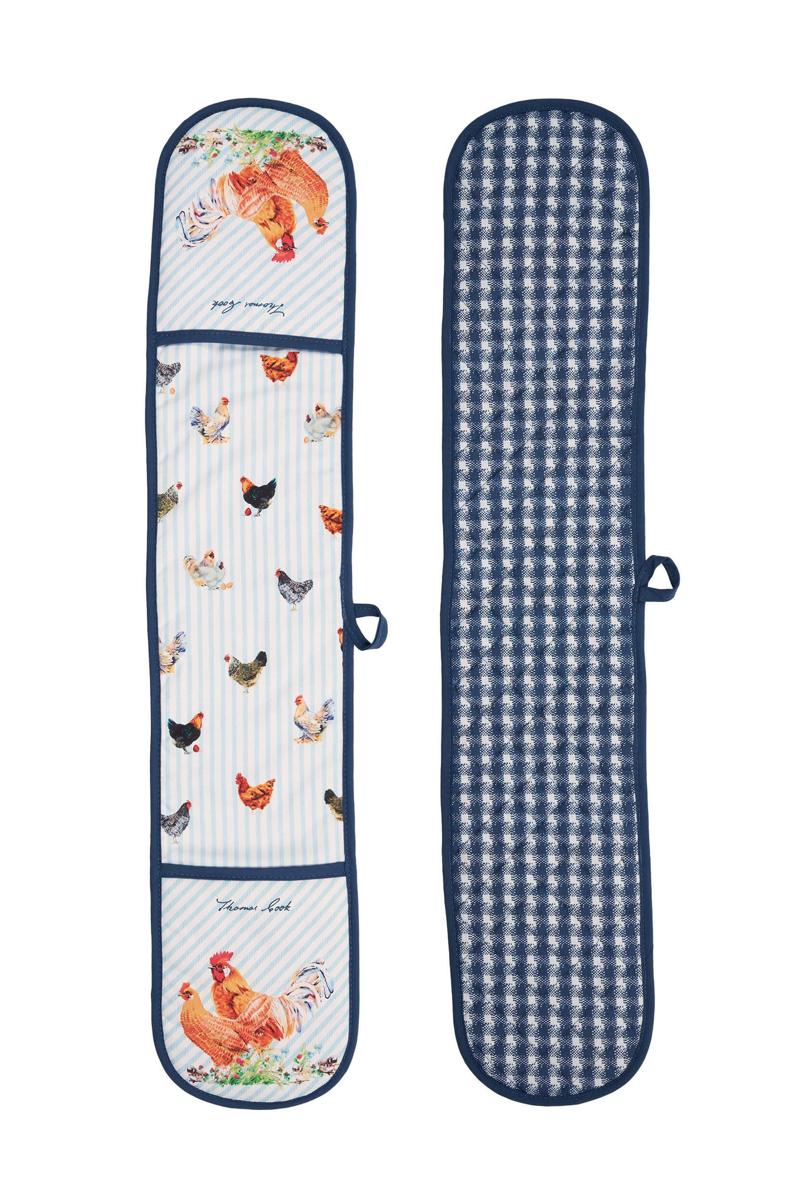 Thomas Cook Chicken's Double Oven Glove. A double oven glove with a chicken design, featuring various chickens and eggs on a striped background with a blue checkered section on the reverse.