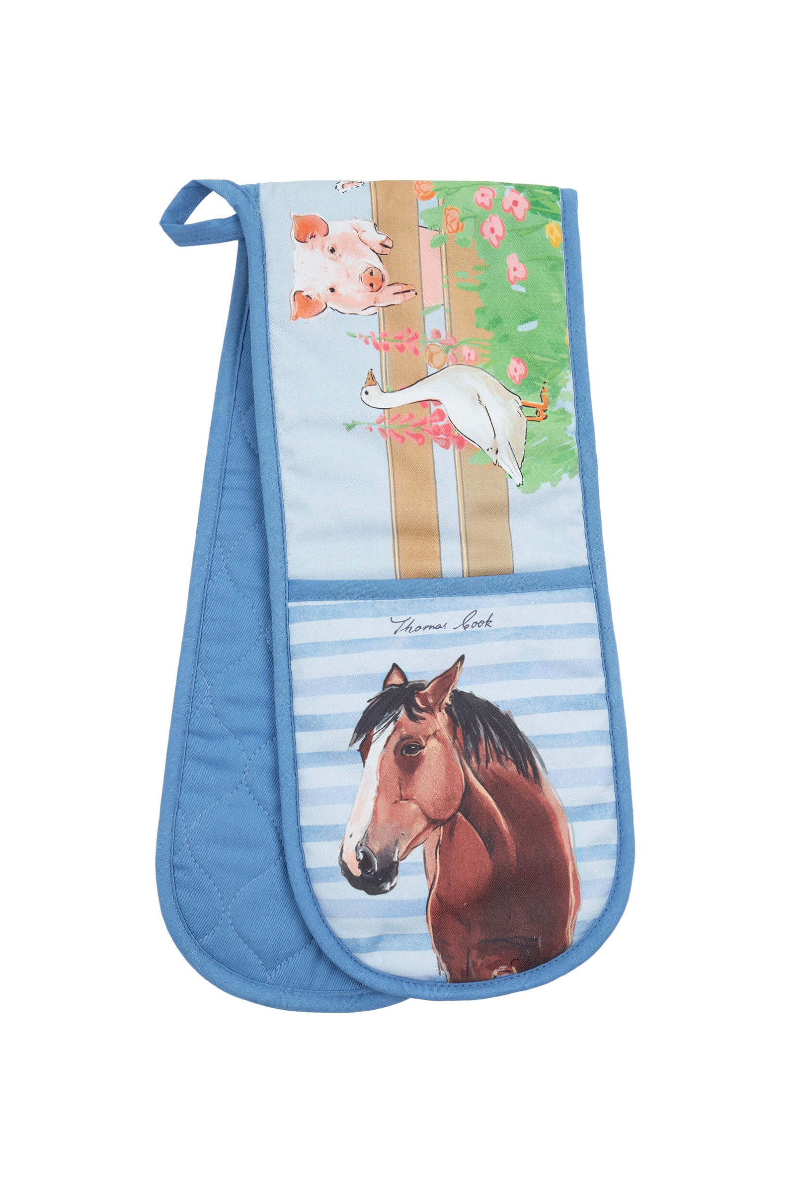 Thomas Cook Farmyard Double Oven Glove. A double oven glove with a farmyard design, featuring illustrations of animals such as a horse and a sheep, predominantly in blue color.