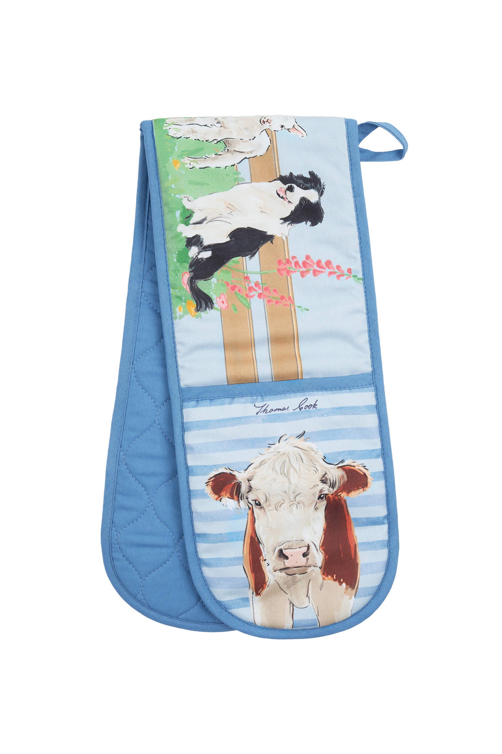 Thomas Cook Farmyard Double Oven Glove. A double oven glove with a farmyard design, featuring illustrations of animals such as a horse and a sheep, predominantly in blue color.