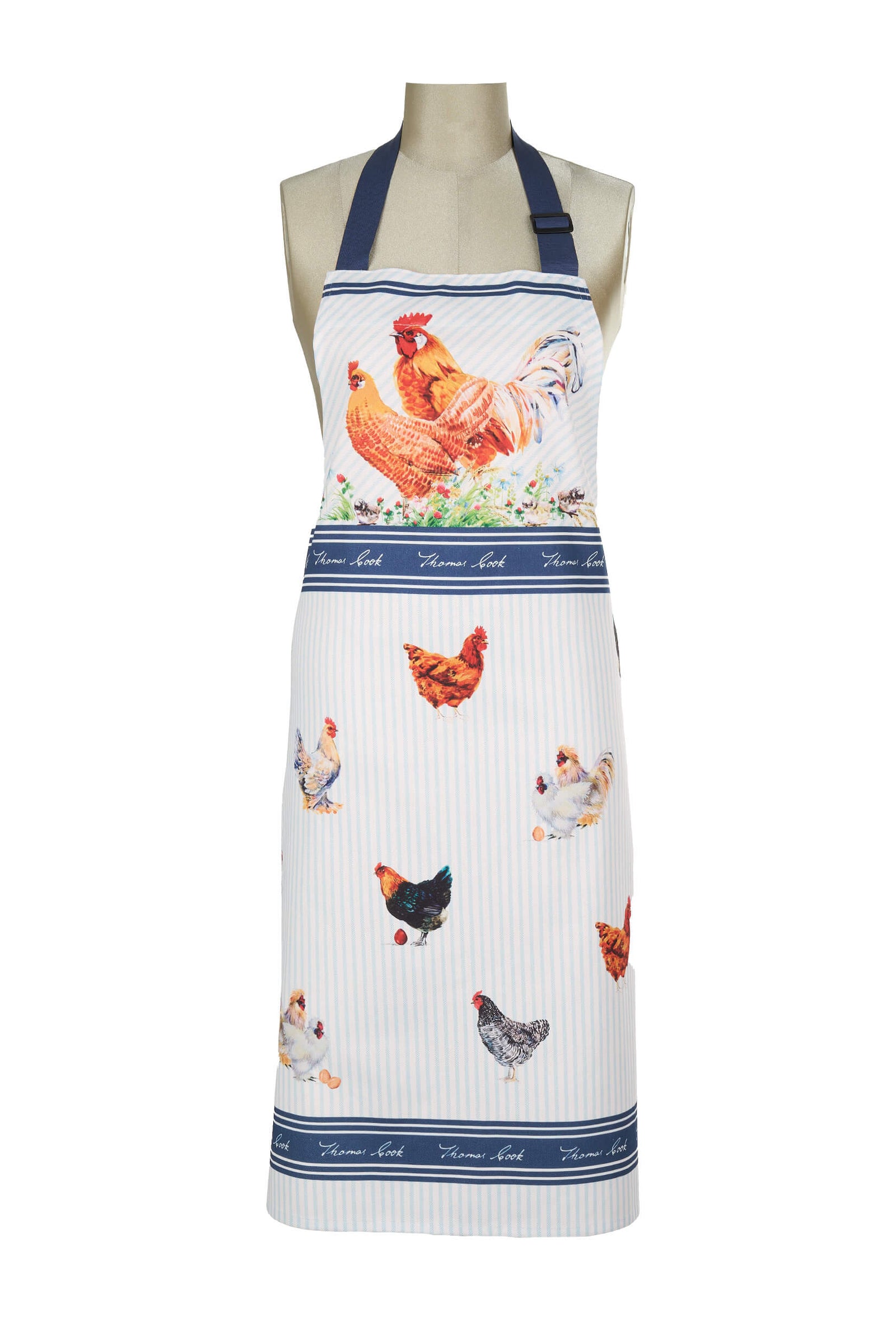 A Thomas Cook chicken-themed apron displayed on a mannequin. The apron has a white base with blue stripes and is adorned with illustrations of chickens in various colors.