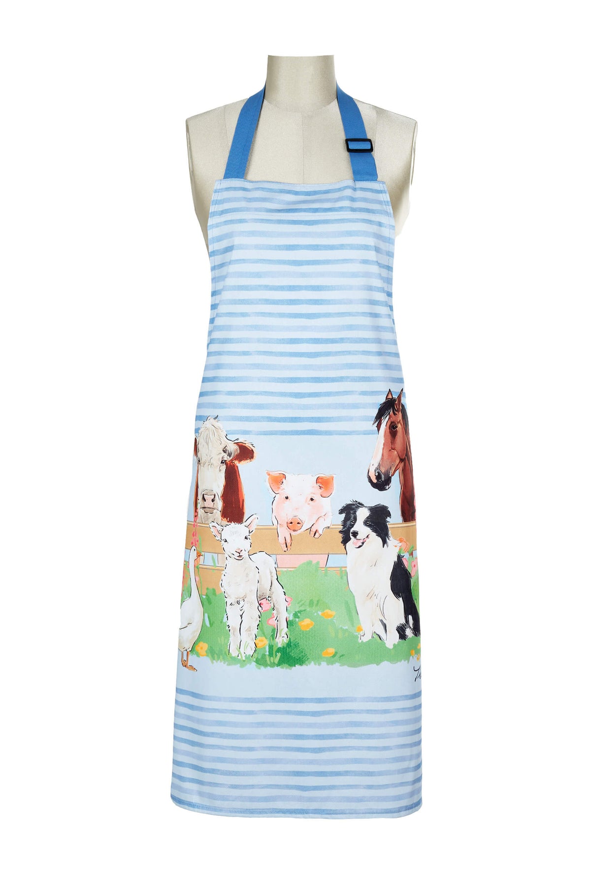 A Thomas Cook Farmyard Apron featuring a striped pattern with farm animals printed on the lower part.