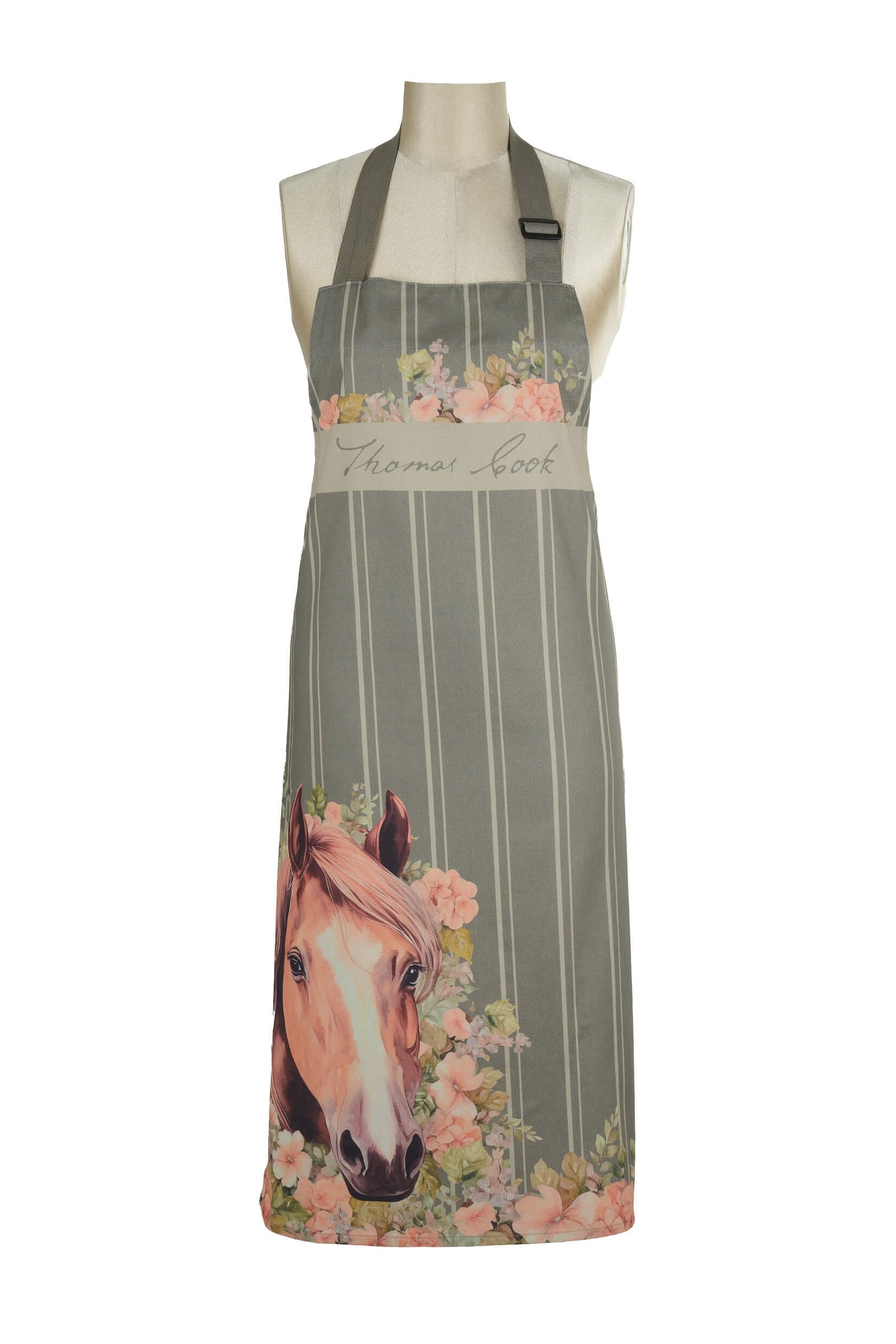 Thomas Cook Floral Horses Apron. A floral horses apron with gray background and pink stripes, displayed on a mannequin.