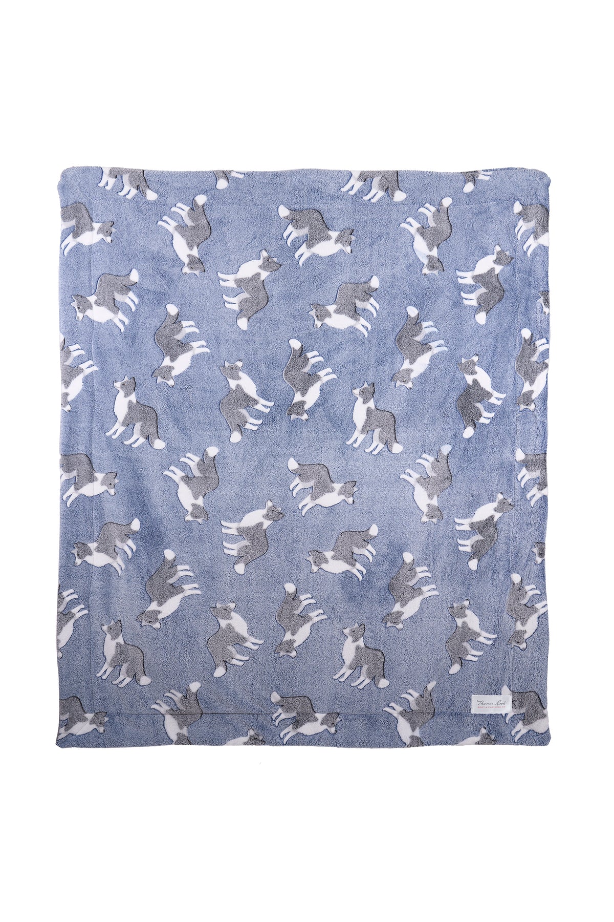 Blue towel with dog pattern on a white background