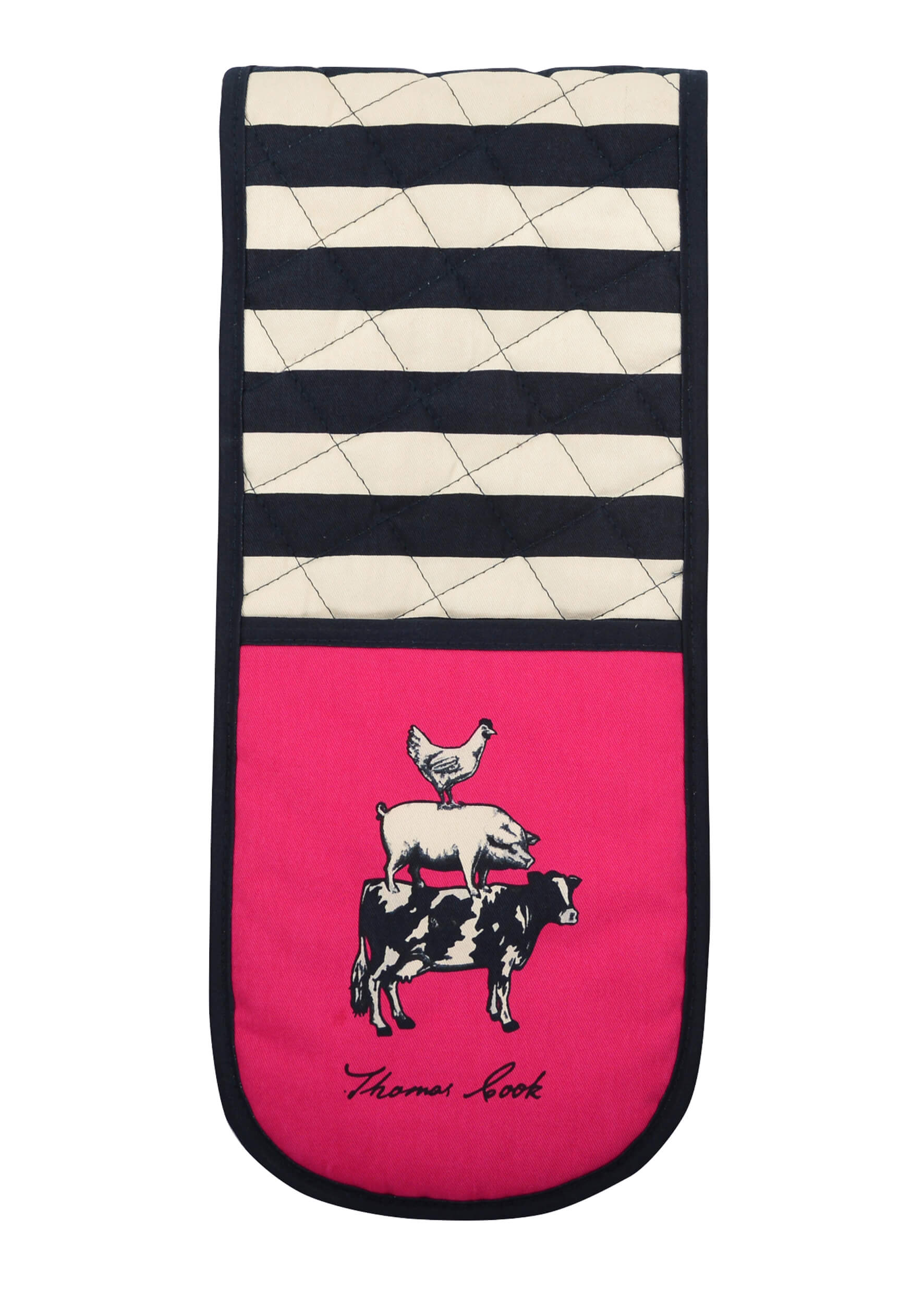 Thomas Cook Animal Pyramid Double Oven Glove. A double oven glove with a geometric pattern featuring stripes and animal-themed illustrations.