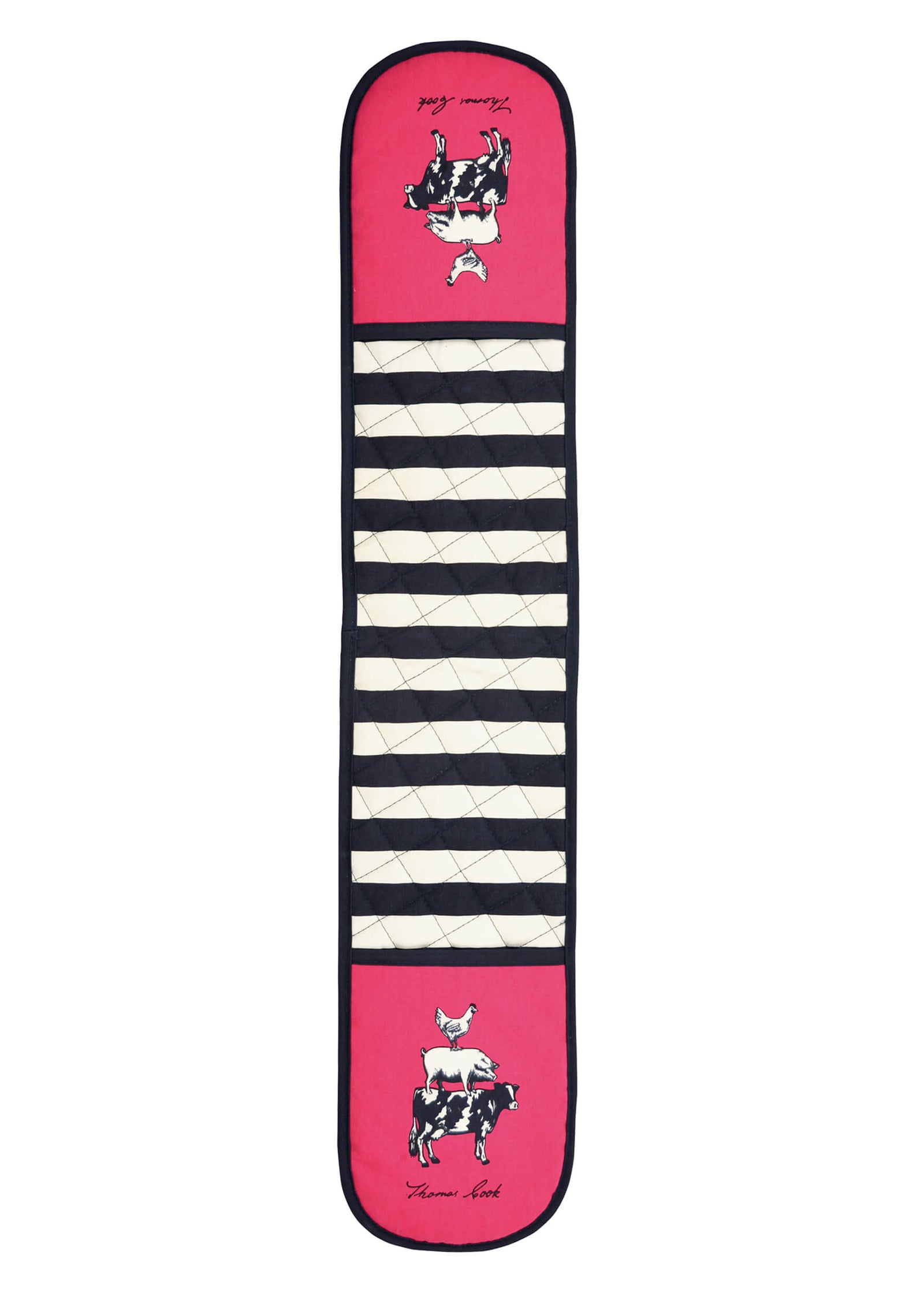 Thomas Cook Animal Pyramid Double Oven Glove. A double oven glove with a geometric pattern featuring stripes and animal-themed illustrations.