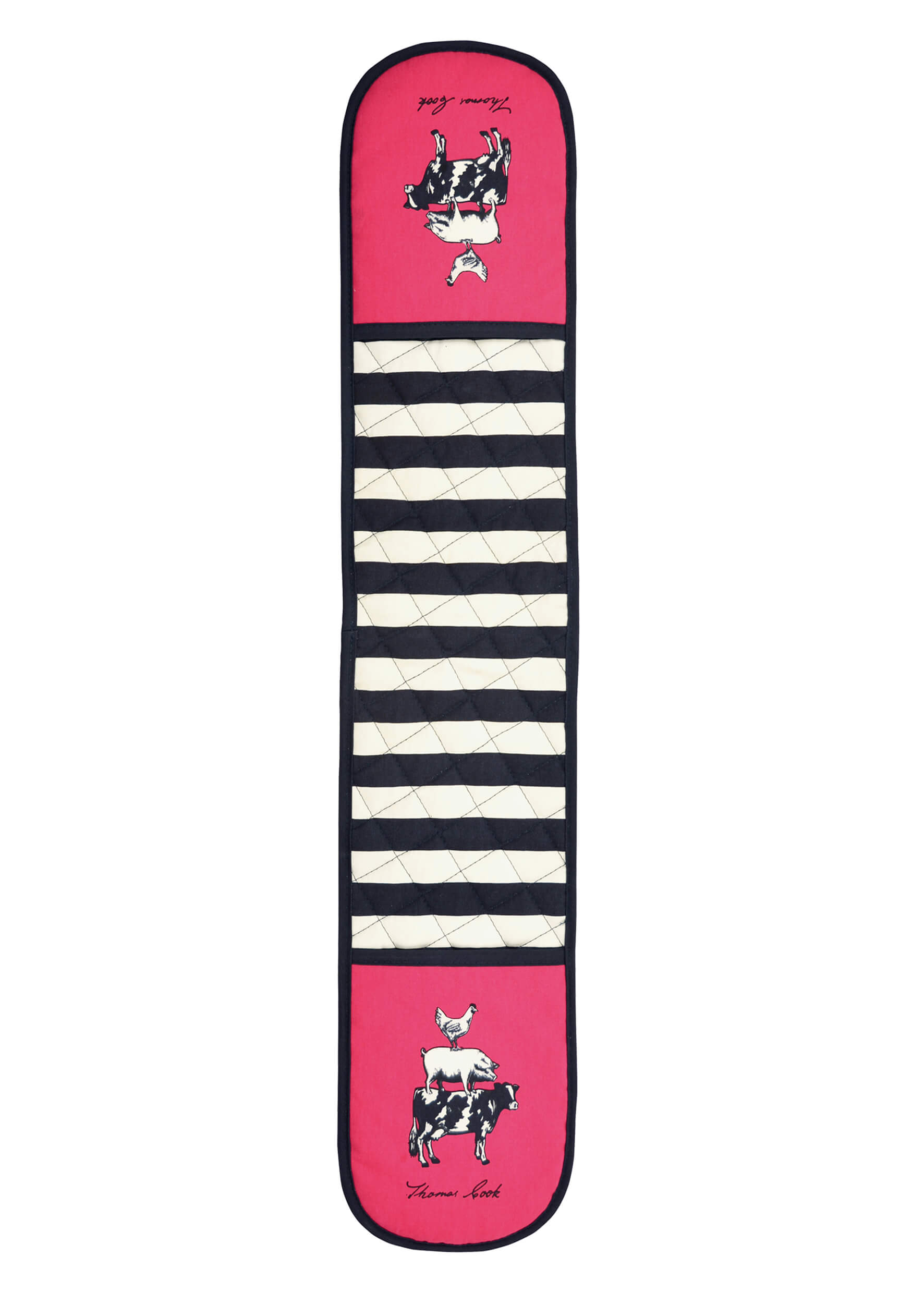 Thomas Cook Animal Pyramid Double Oven Glove. A double oven glove with a geometric pattern featuring stripes and animal-themed illustrations.