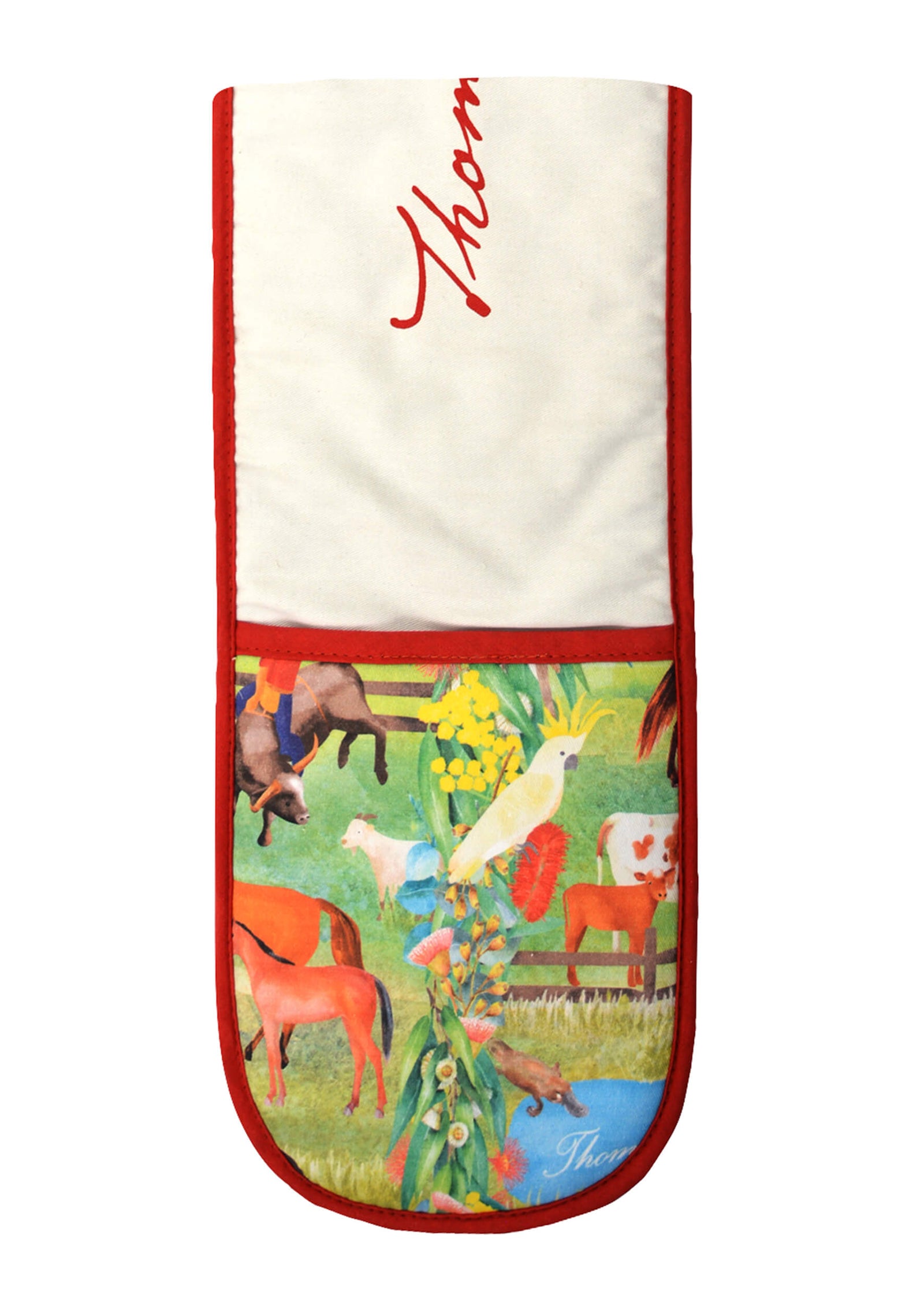 Thomas Cook Farm Friends Double Oven Glove. A double oven glove with a farm animal print, predominantly white with red trim and a personalized name in red script.