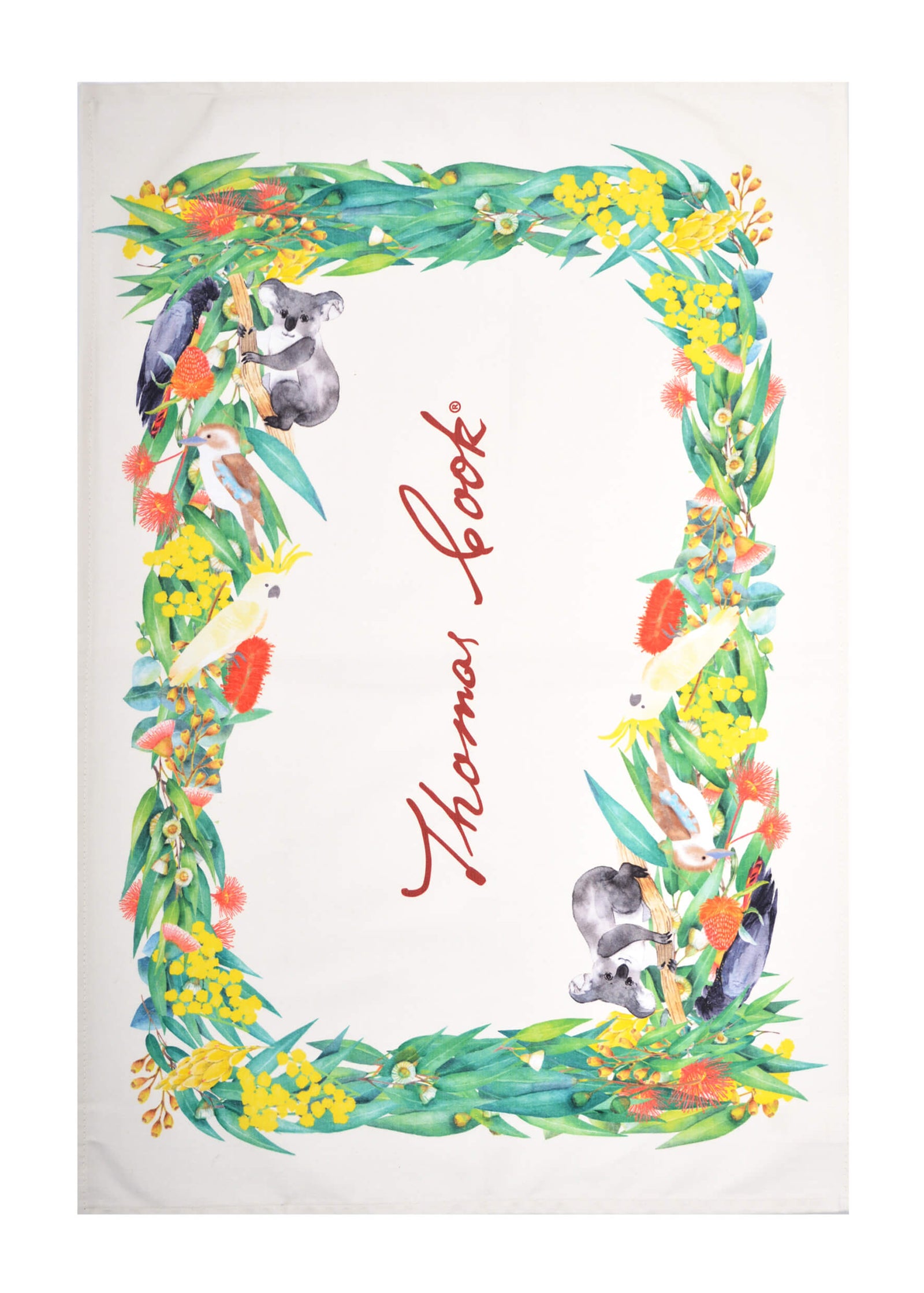 Thomas Cook Farm Friends Tea Towel Set. A tea towel with a floral and farm animal design, featuring text that reads 'Thomas Cook'.