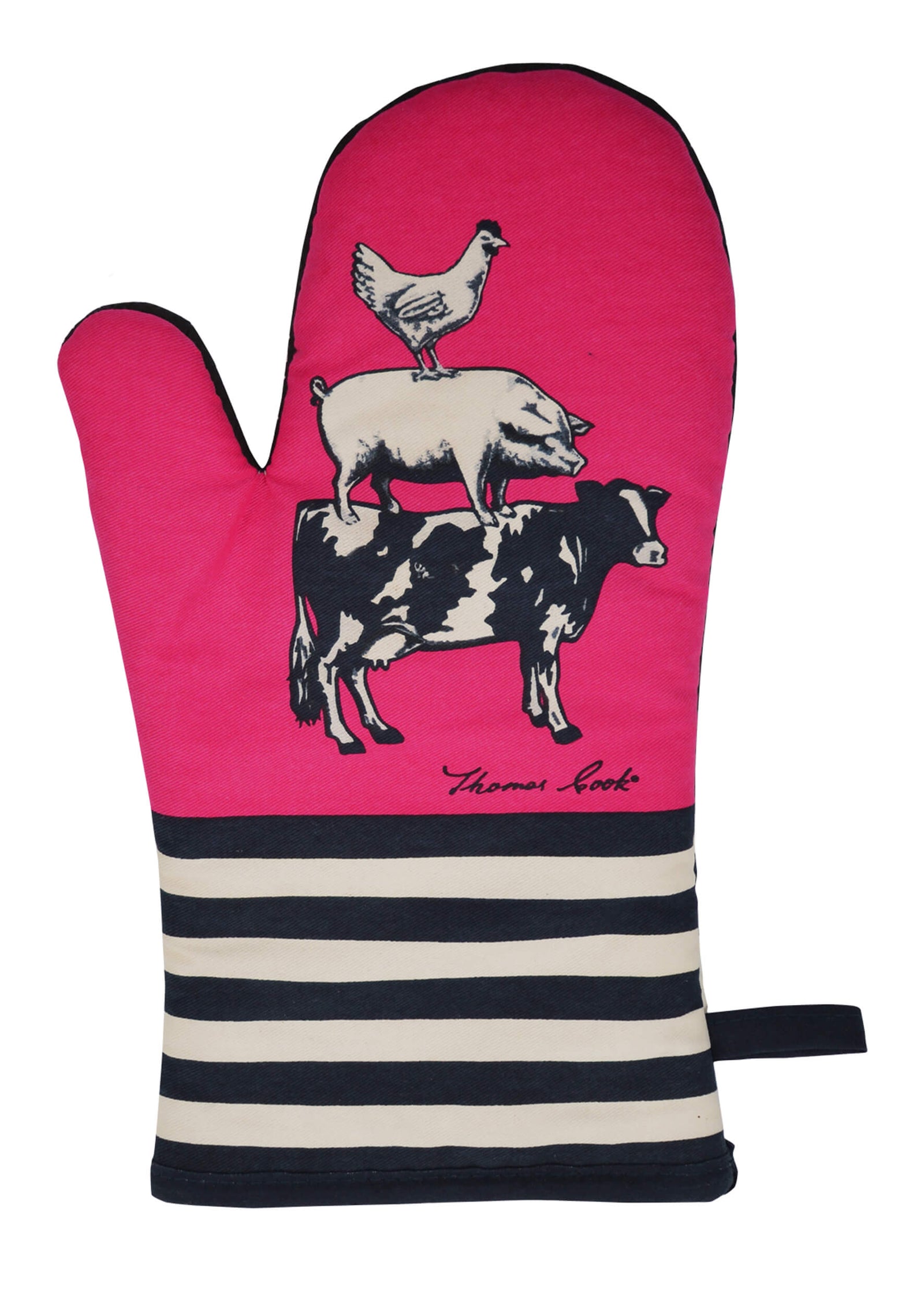Thomas Cook  Farm Friends Oven Mitt & Pot Holder Set. A pink oven mitt with a farm animal design, including an illustration of a cow and a chicken.
