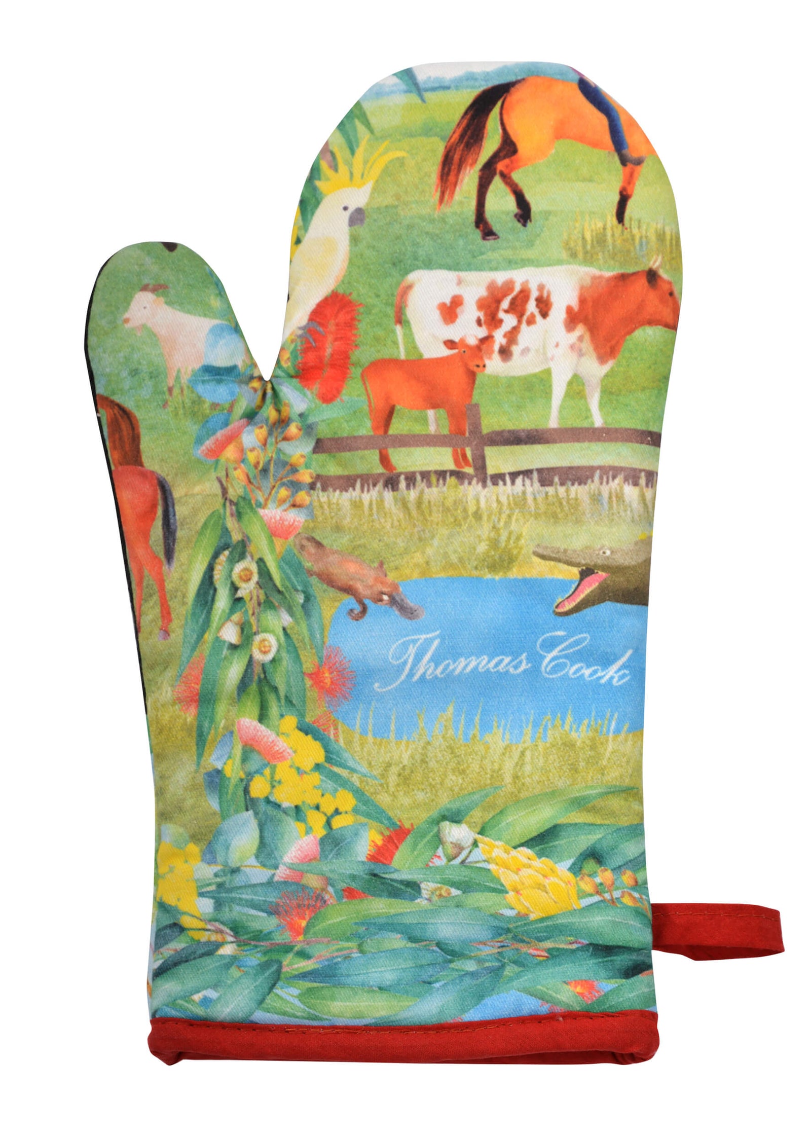 Thomas Cook  Farm Friends Oven Mitt & Pot Holder Set. An oven mitt and pot holder set featuring farm animal designs on a colorful background with a body of water and the text 'Thomas Cook'.