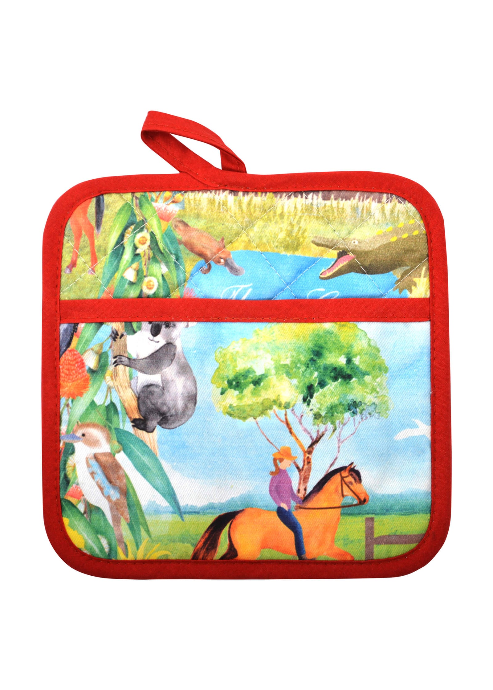 Thomas Cook  Farm Friends Oven Mitt & Pot Holder Set. An oven mitt and pot holder set featuring farm animal designs on a colorful background with a body of water and the text 'Thomas Cook'.
