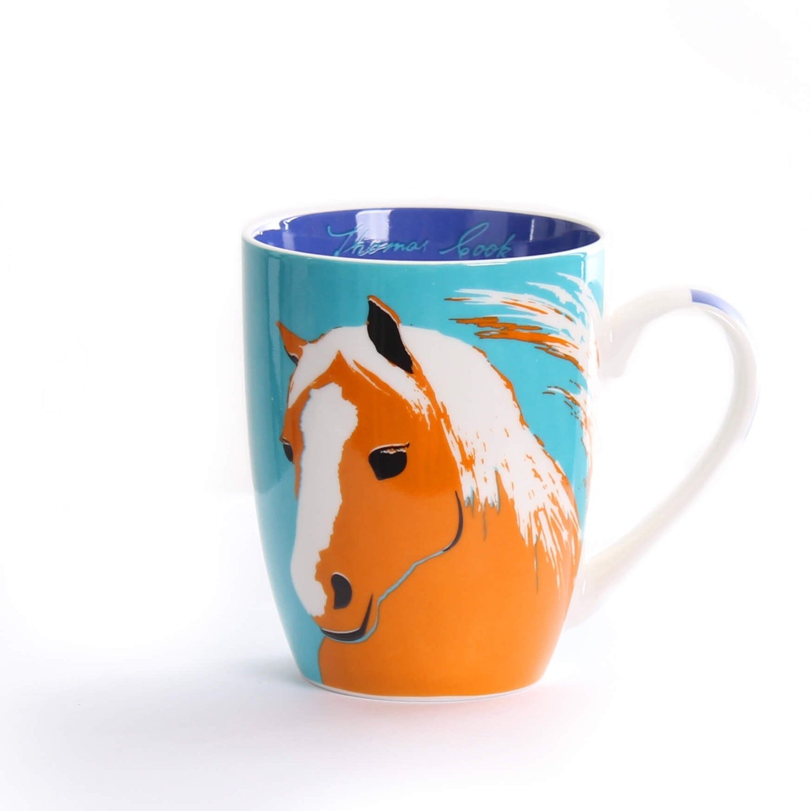 Thomas Cook Horse Farm Mug. A ceramic mug with a colorful horse design on the side, featuring a blue handle and a turquoise interior.