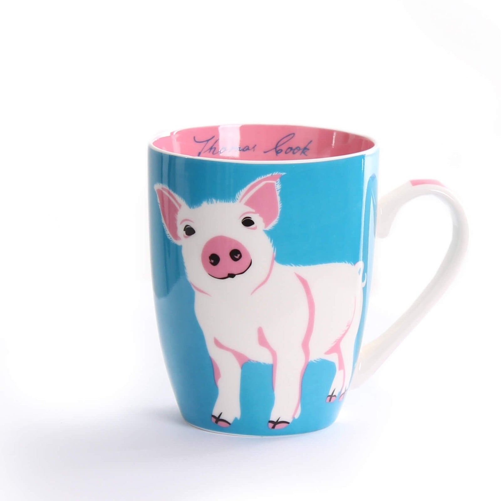 Thomas Cook Piglet Farm Mug. A ceramic mug with a blue exterior, featuring a playful piglet design in pink and white on the side, and a pink interior.
