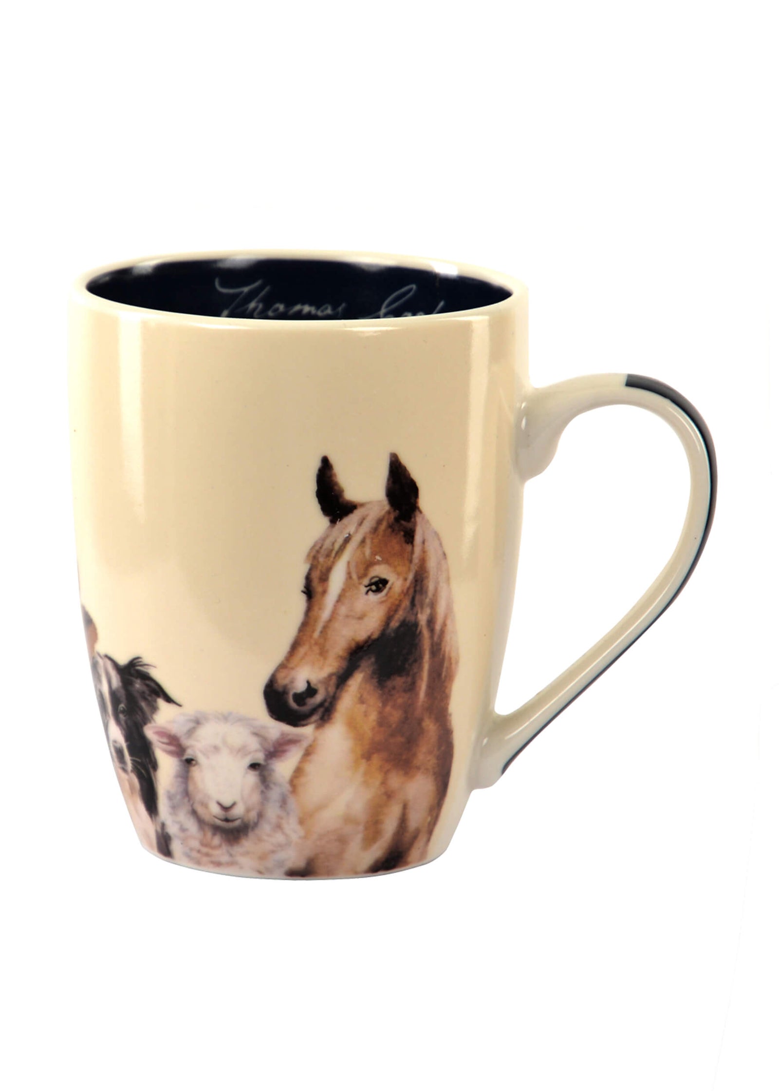 Thomas Cook Animal Friends Mug. A beige ceramic mug with a design of a horse and other farm animals, with a black interior.