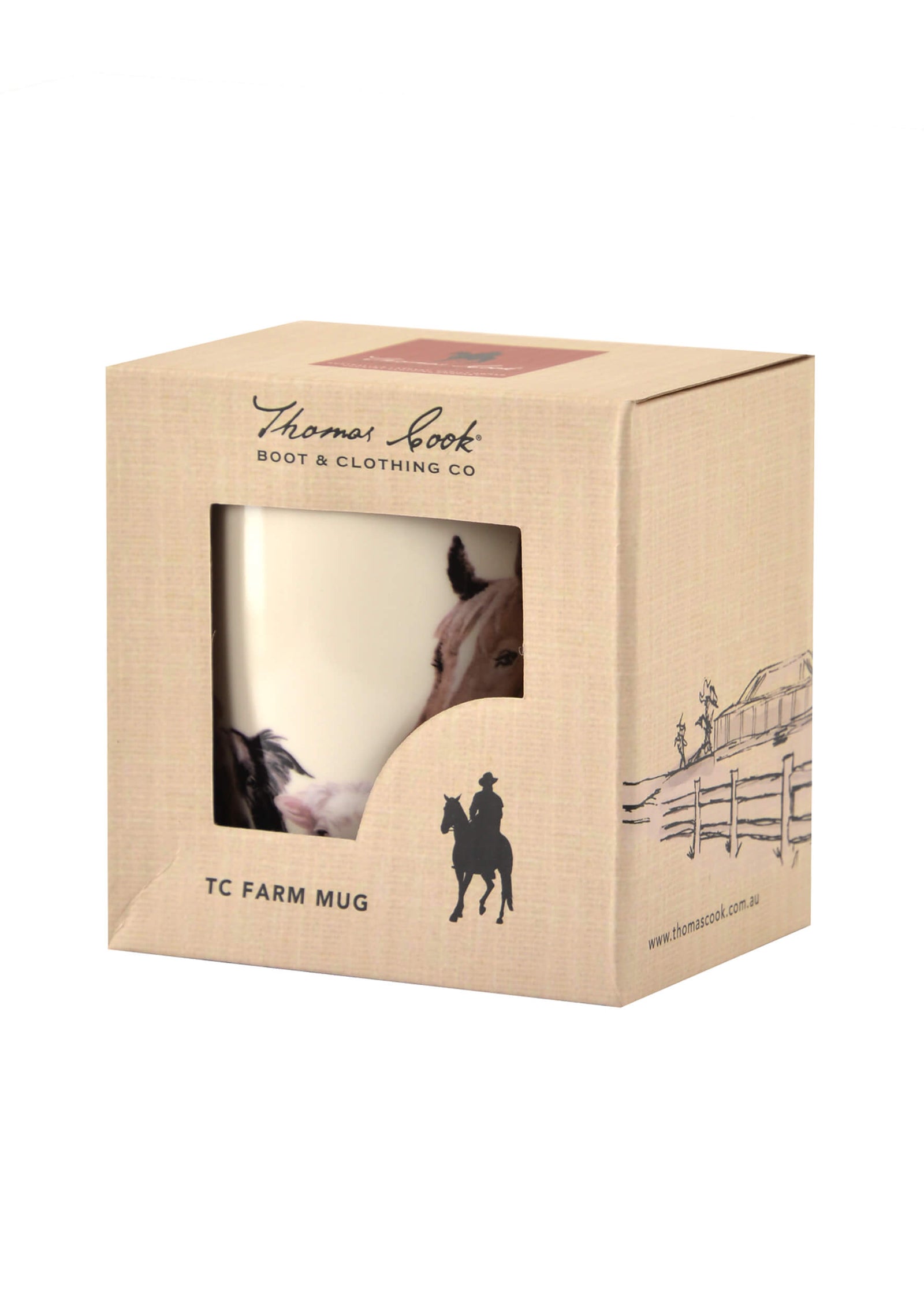 Thomas Cook Animal Friends Mug. A beige ceramic mug with a design of a horse and other farm animals, with a black interior.