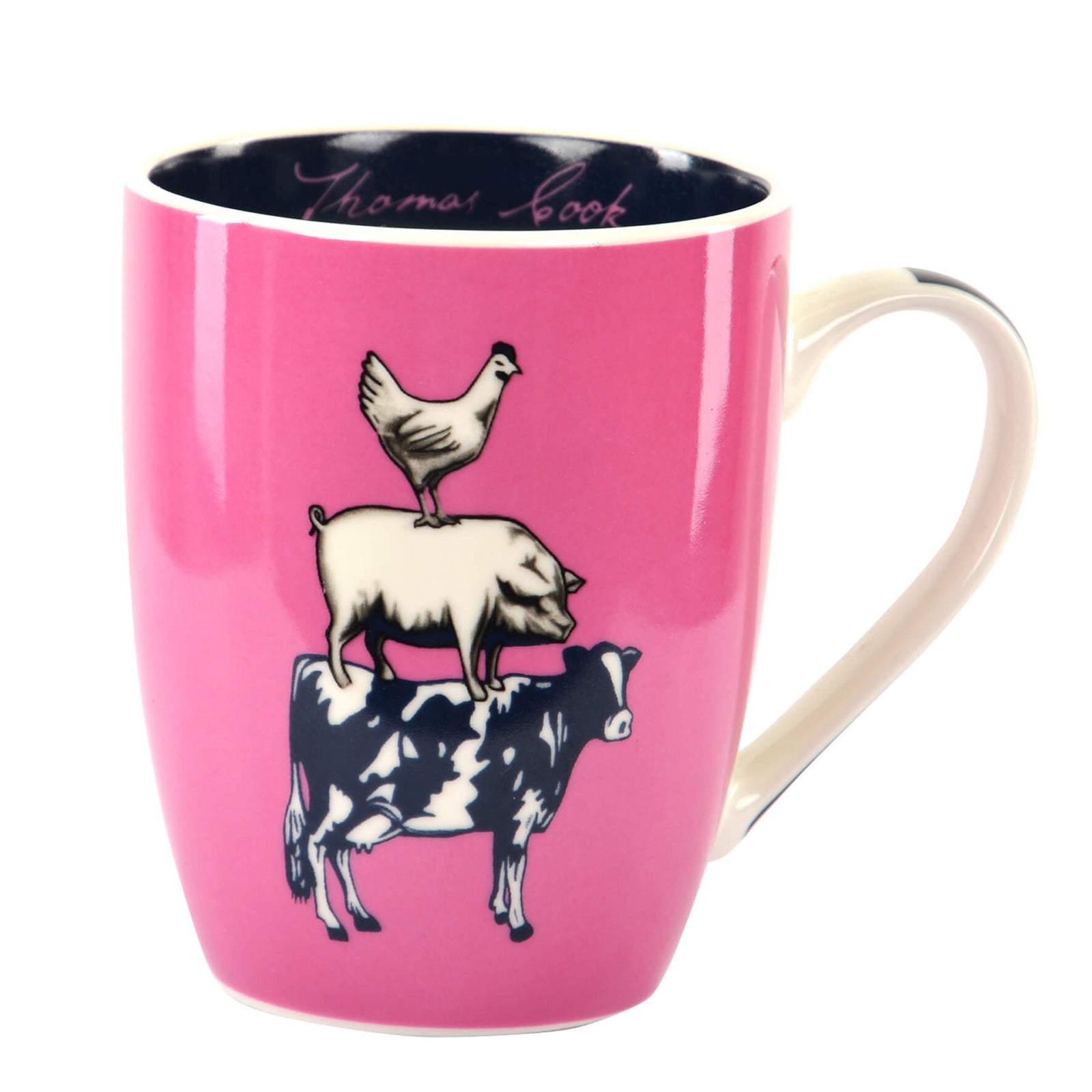 Thomas Cook Animal Pyramid Mug. A pink ceramic mug with a series of animals including a chicken, pig, and cow stacked on top of each other on the side of the mug.
