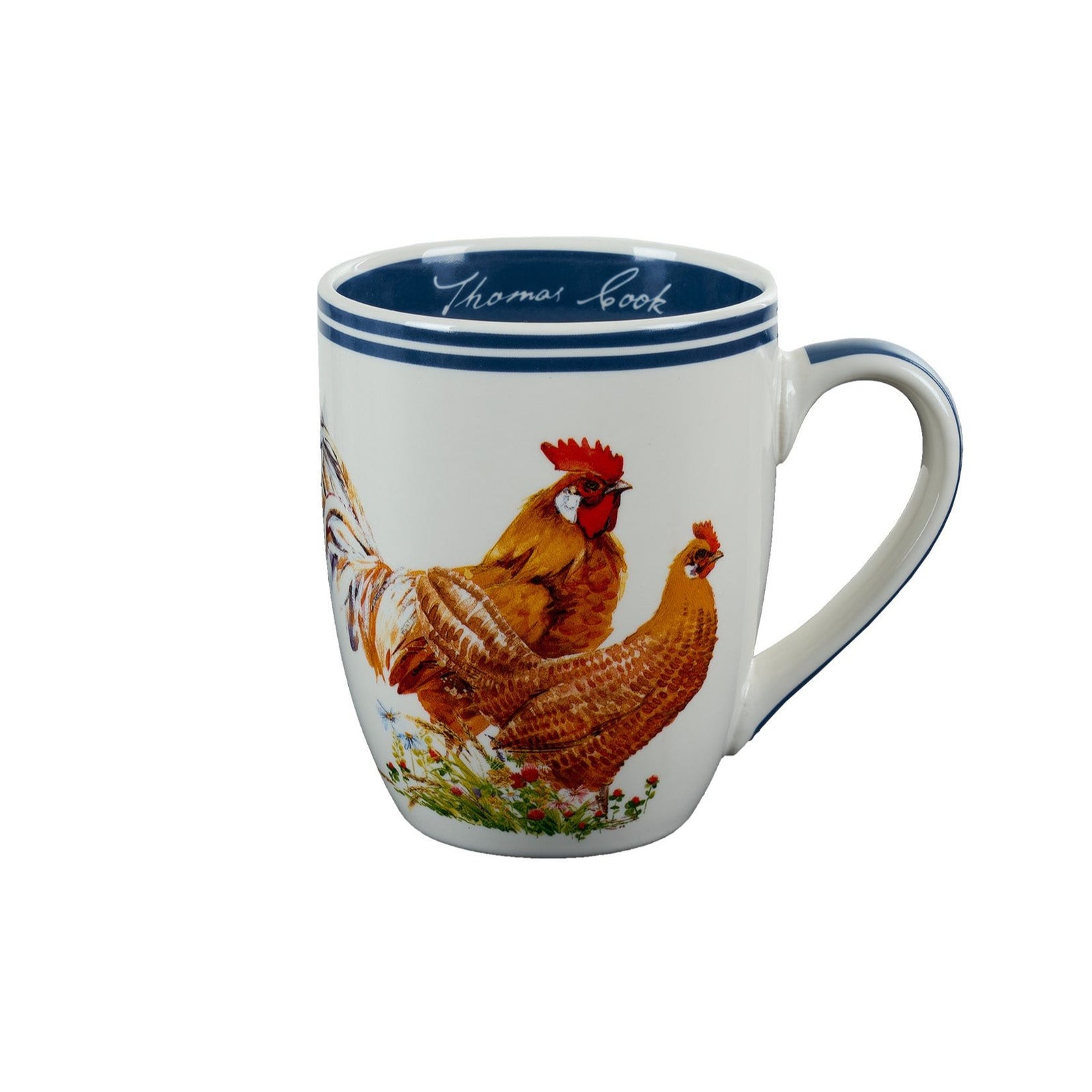 Thomas Cook Chicks Country Collection Mug. A white ceramic mug with a multicolored chick and rooster design, featuring blue trim at the top.