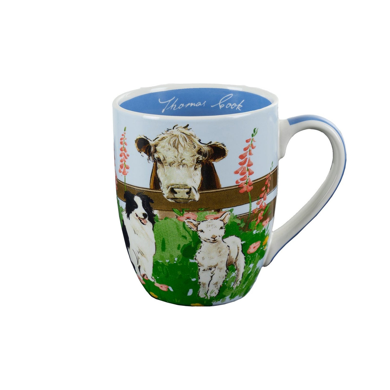 Thomas Cook Farmyard Country Collection Mug. A white ceramic mug with a farmyard scene design, including a cow and sheep, in colorful patterns.