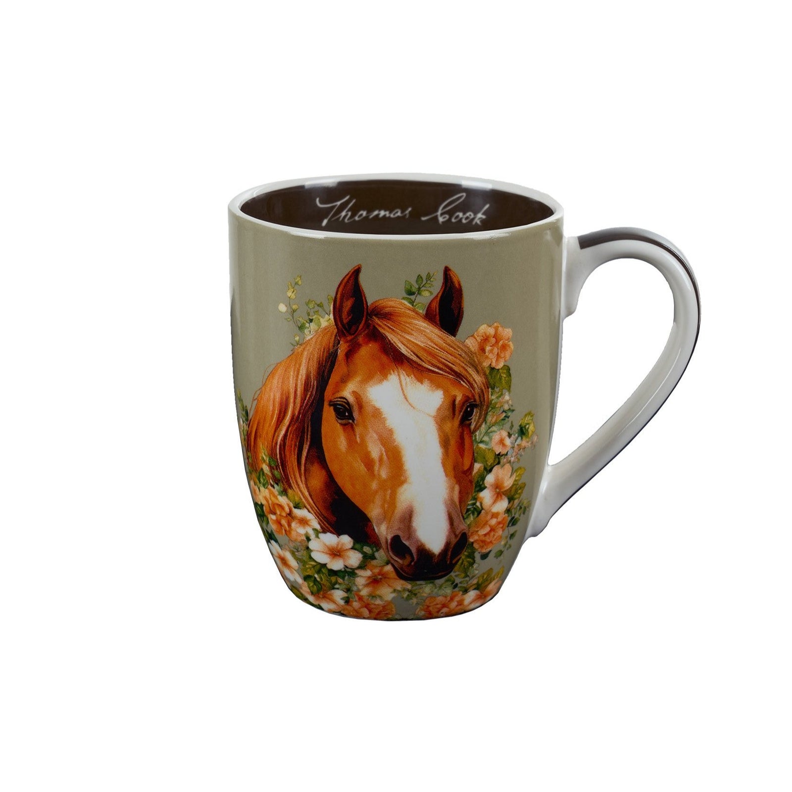 Thomas Cook Floral Horses Country Collection Mug. A beige-colored ceramic mug with a floral horse design and the brand name 'Thomas Cook' written on the inside.