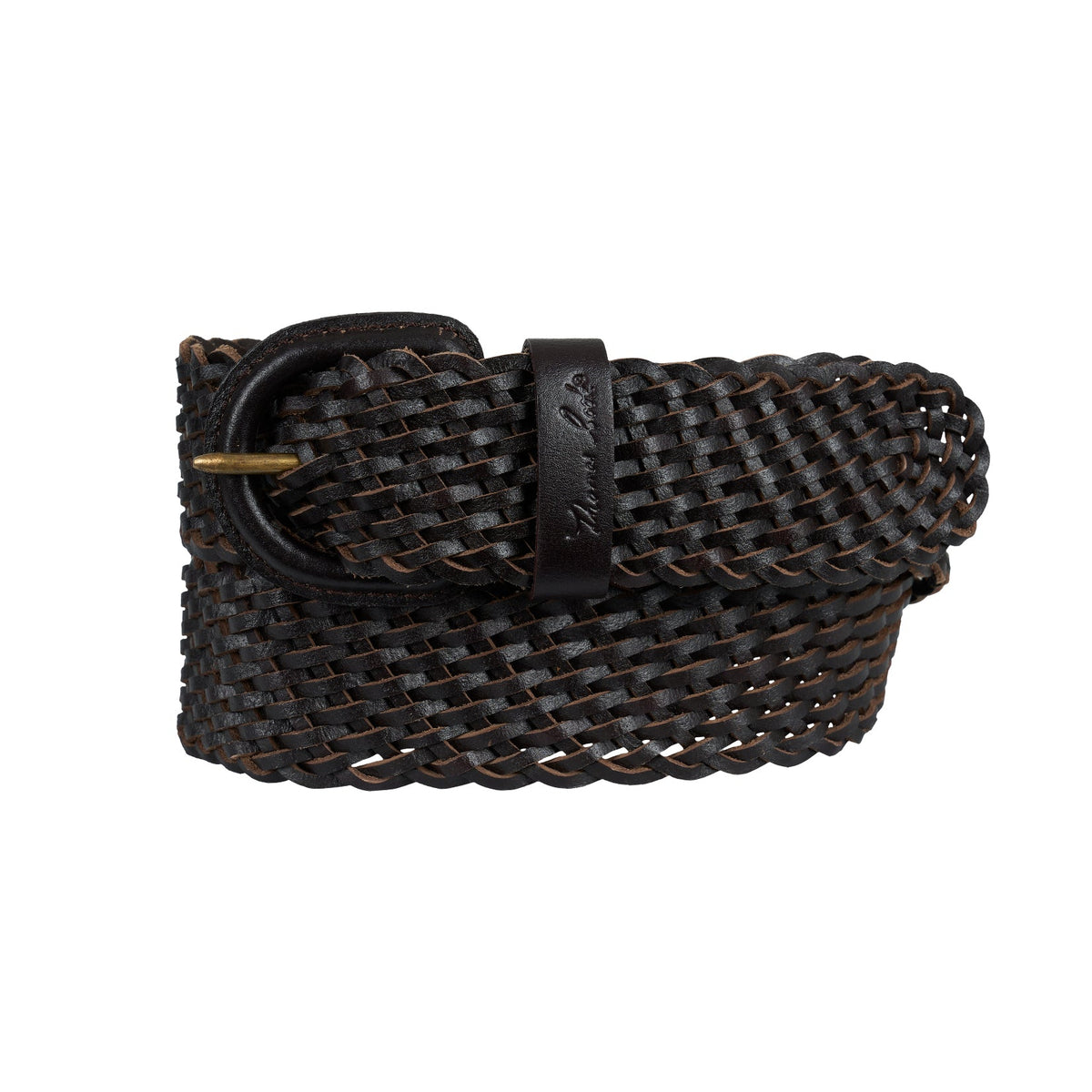 Black woven belt with a buckle on a white background