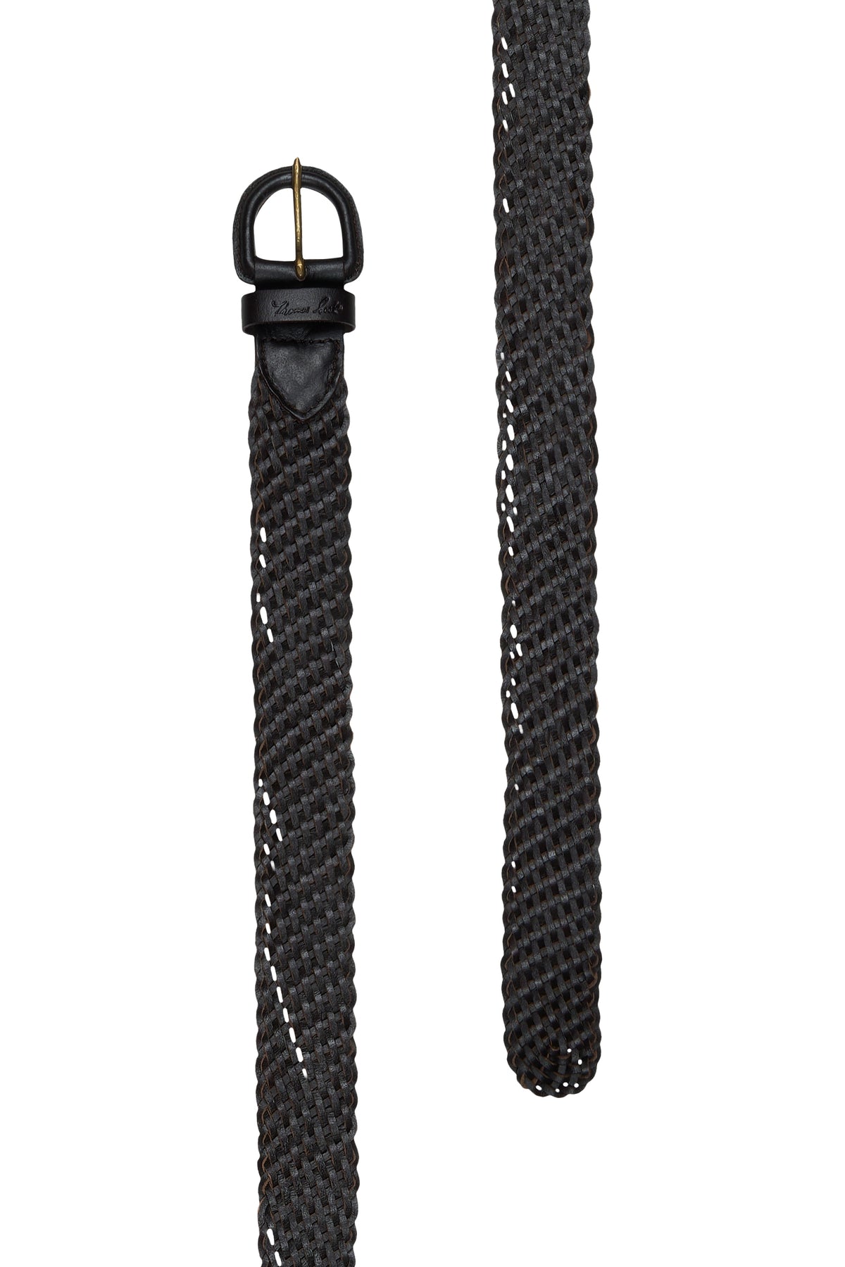 Black braided belt with a black buckle on a white background