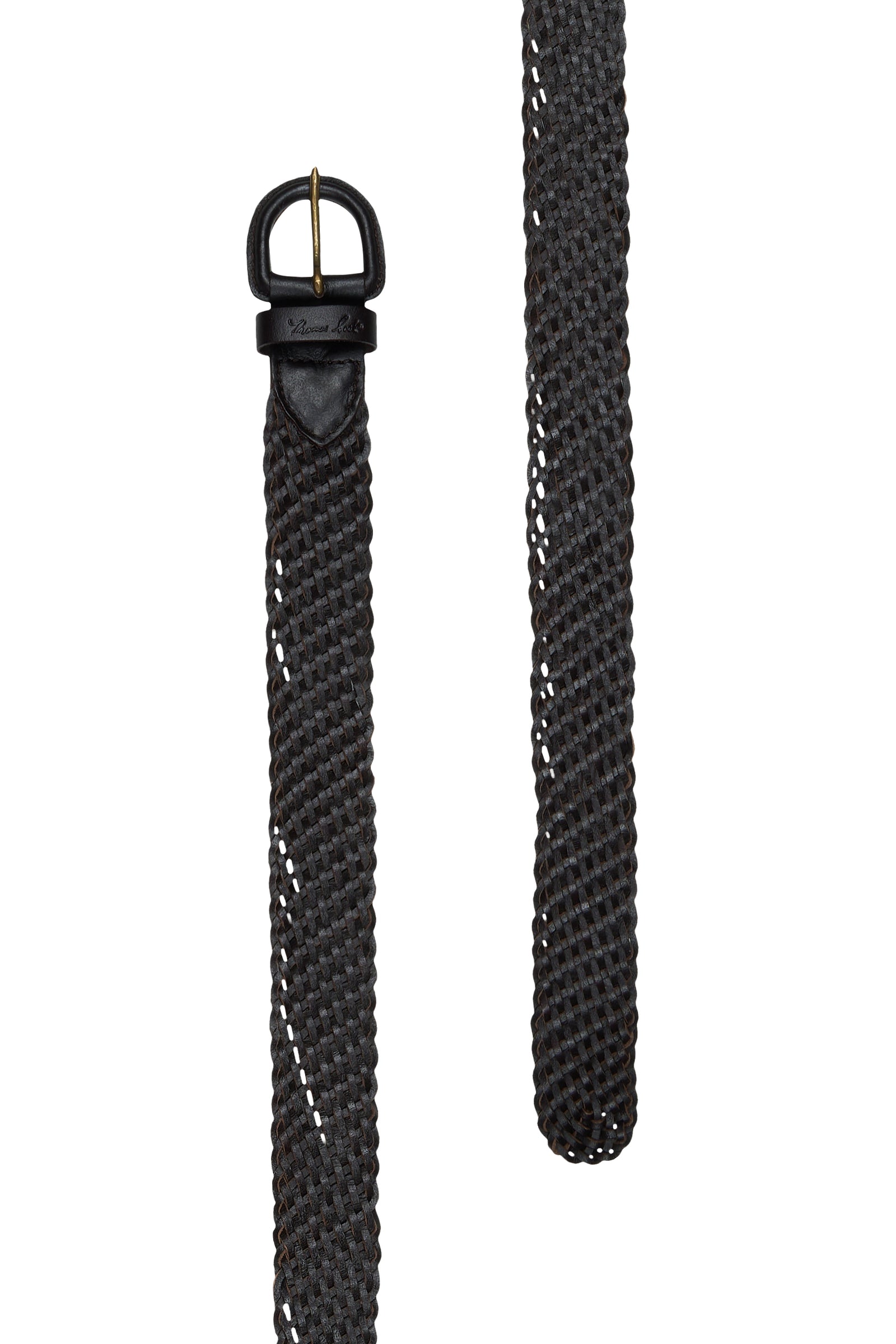 Black braided belt with a black buckle on a white background