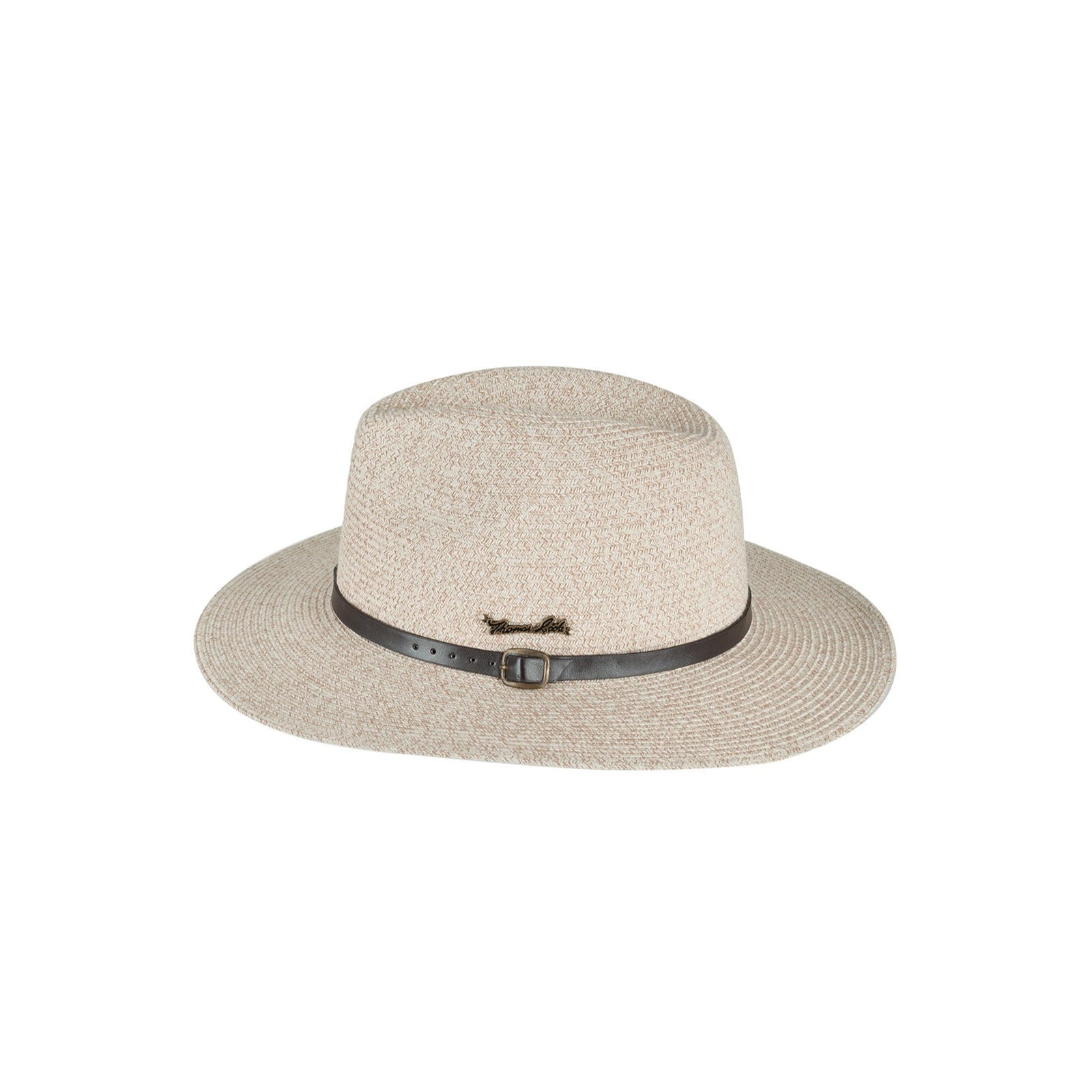 Thomas Cook Carlyle Hat. Beige straw hat with a black band on a white background