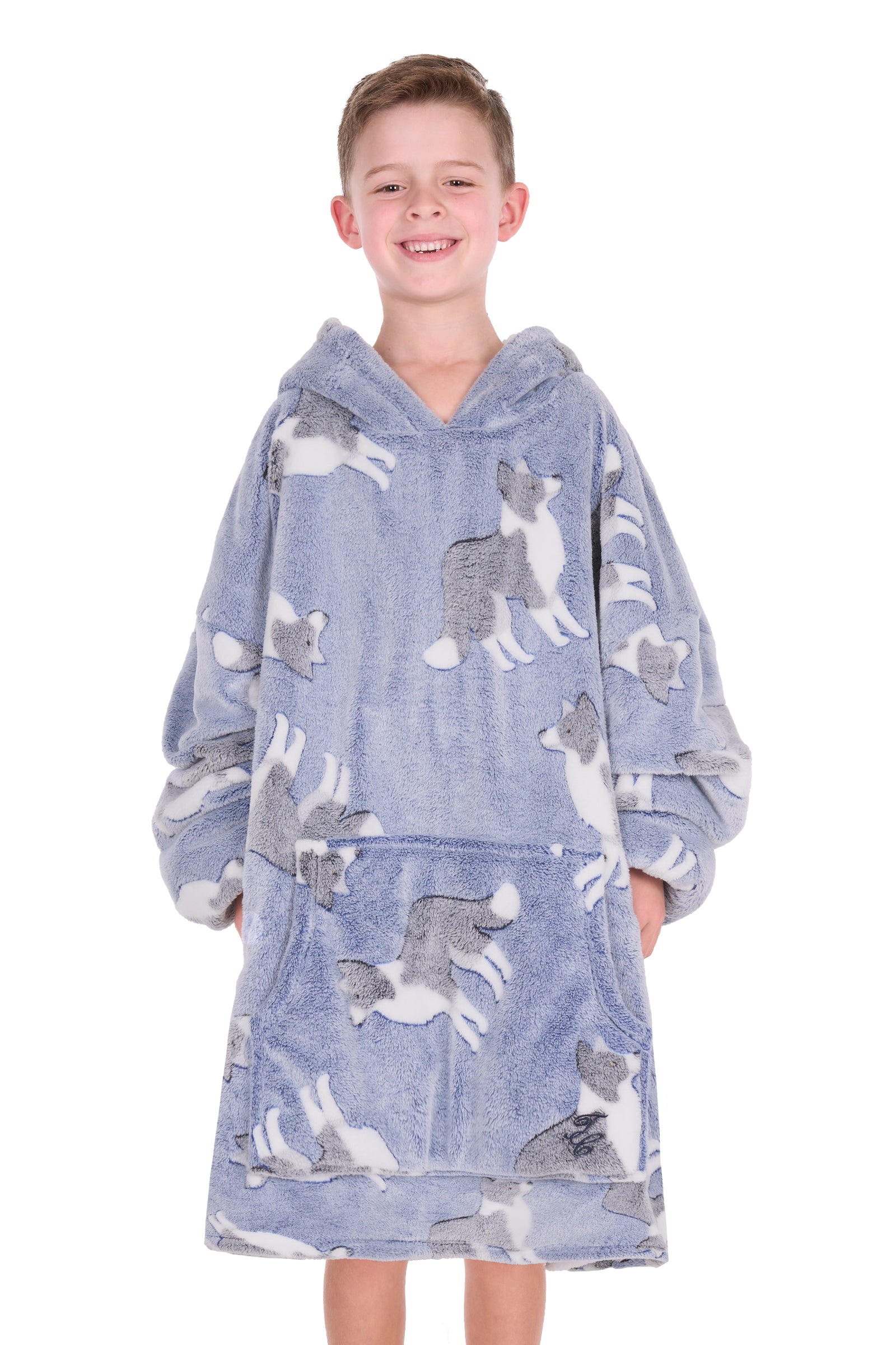 Child wearing a blue hooded blanket with dog patterns on a white background