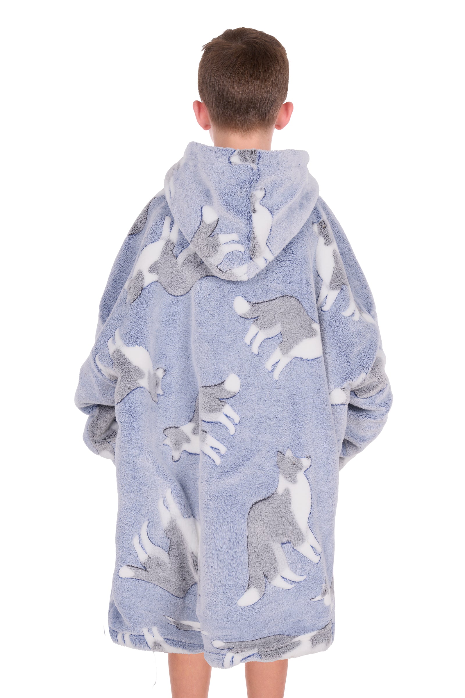 Child wearing a blue hooded blanket with dog patterns on a white background