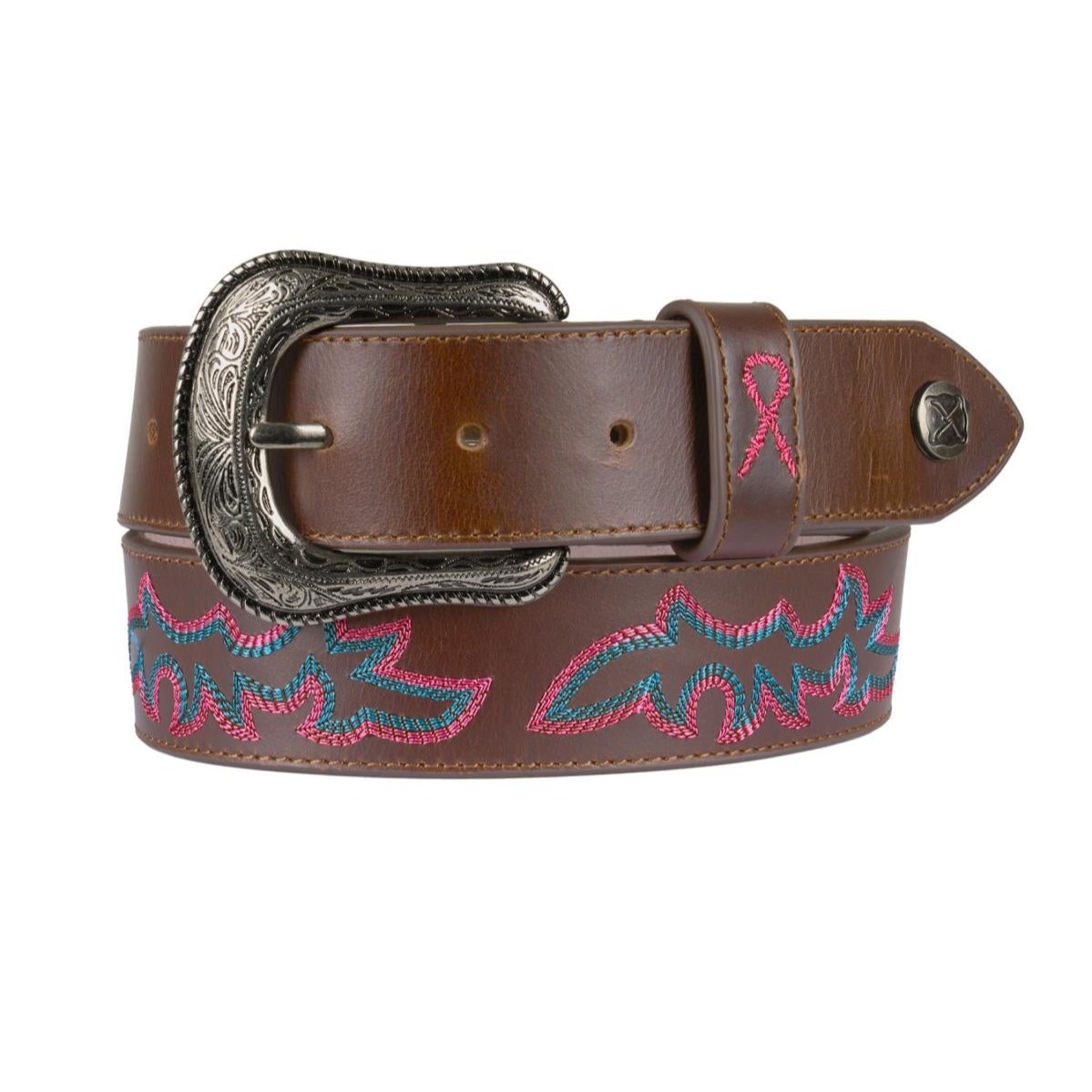 Twisted X Pink Ribbon Western Belt. A brown full grain leather western belt with pink ribbon embroidery and a metal logo concho, featuring an antique silver buckle.