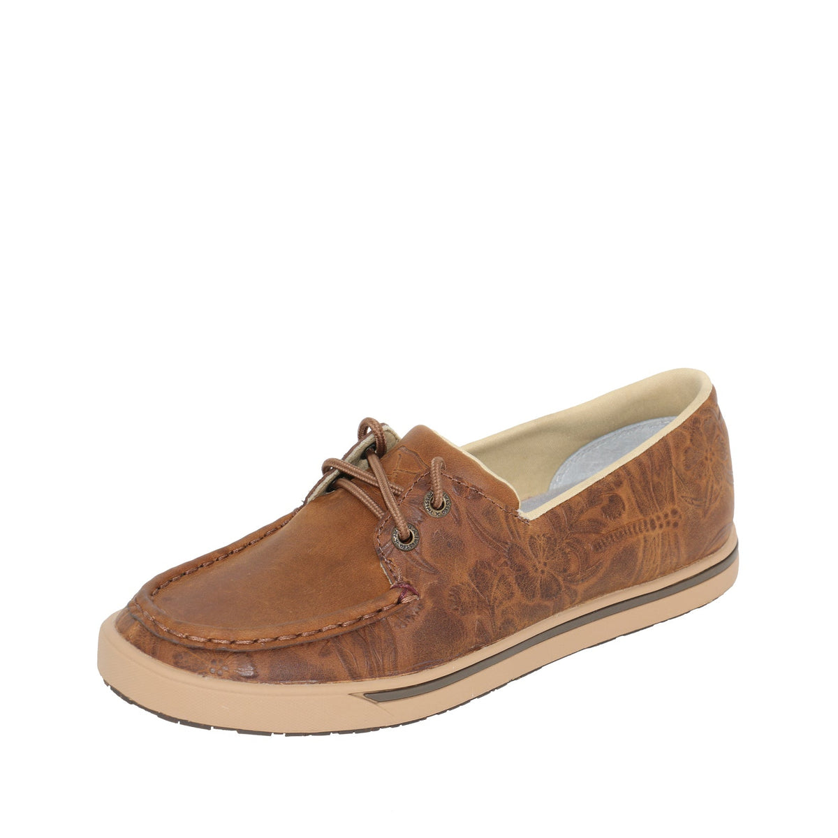 Twisted X Women&#39;s Leather Loper Lace Up. Brown boat shoe on a white background