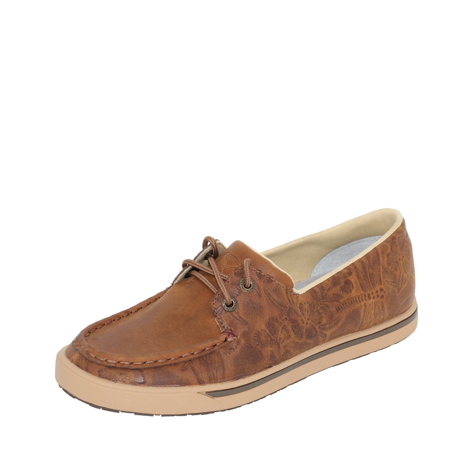 Twisted X Women's Leather Loper Lace Up. Brown boat shoe on a white background