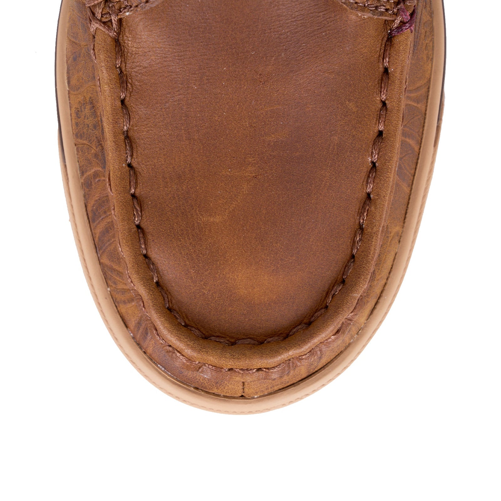 Twisted X Women's Leather Loper Lace Up. Close-up of a brown leather shoe sole on a white background