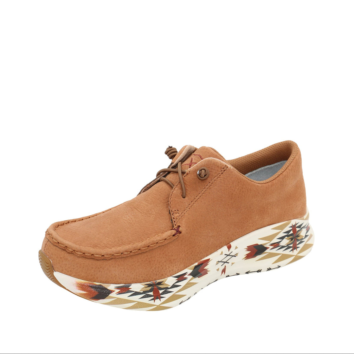 Brown casual shoe with a patterned sole on a white background