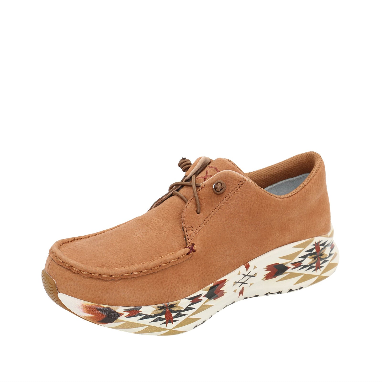 Brown casual shoe with a patterned sole on a white background