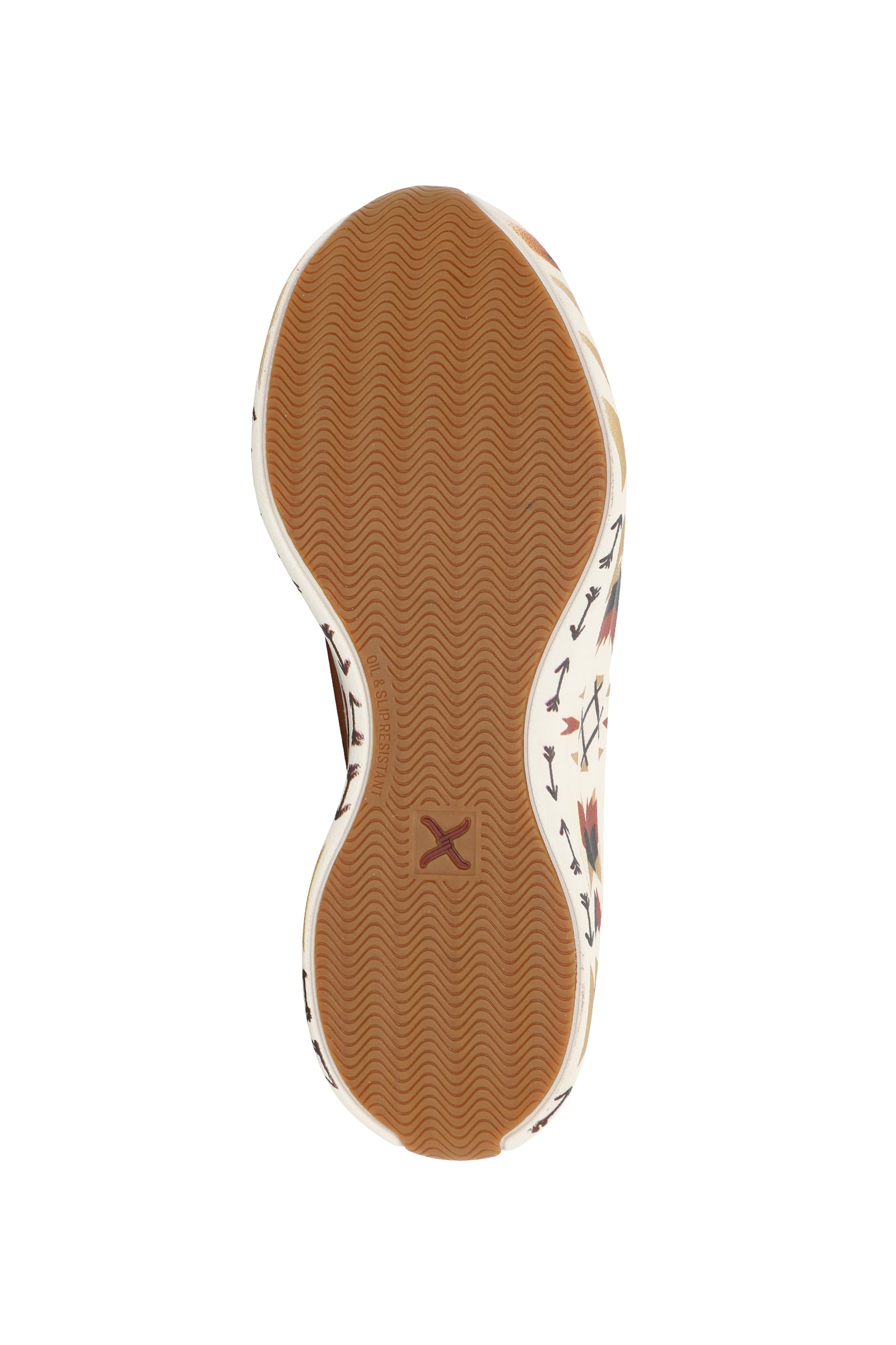 Brown casual shoe with a patterned sole on a white background