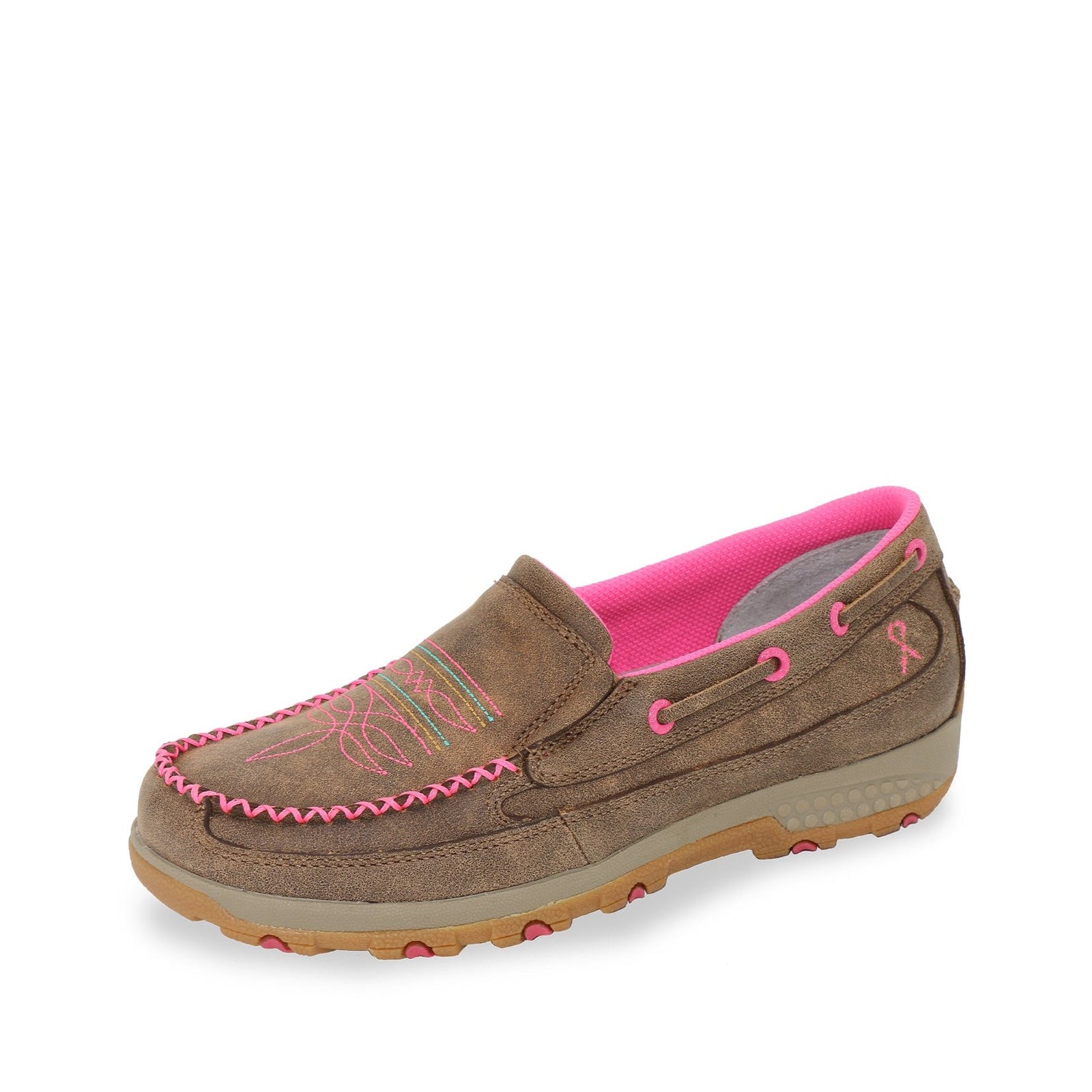 Twisted X Women's Pink Stitch Cellstretch Mocs Slip On. A women's slip-on moccasin with a brown full-grain leather upper featuring pink stitching and a pink buckle, with a rubber outsole.