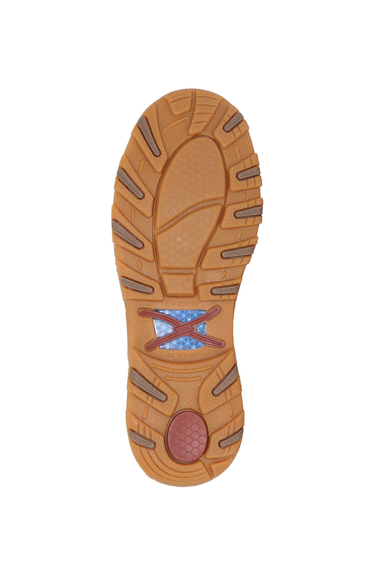 Twisted X Women's Tooled CellStretch Mocs Slip On. Brown shoe sole with textured pattern on a white background