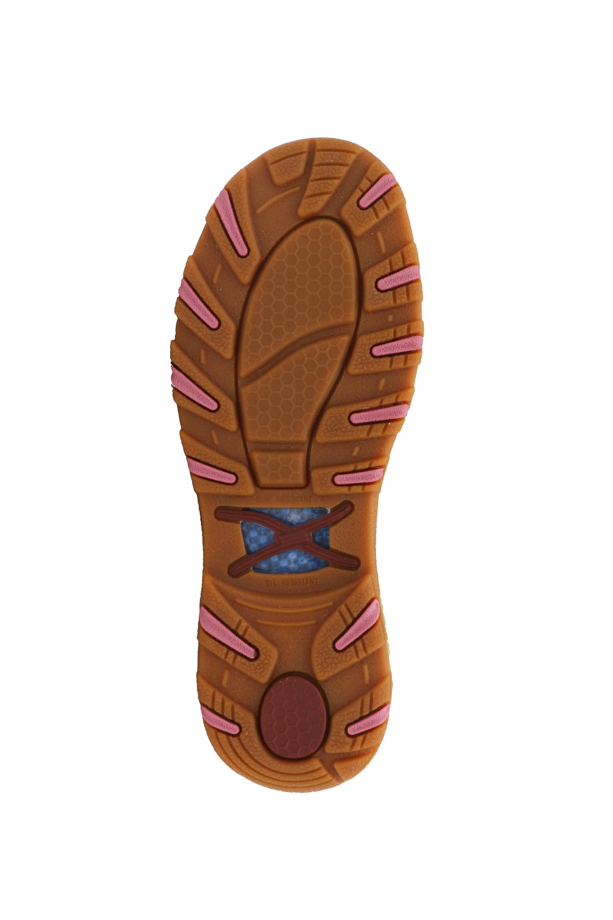 Twisted X Women's Tooled Pink CellStretch Mocs Slip On. Brown shoe sole with pink accents on a white background