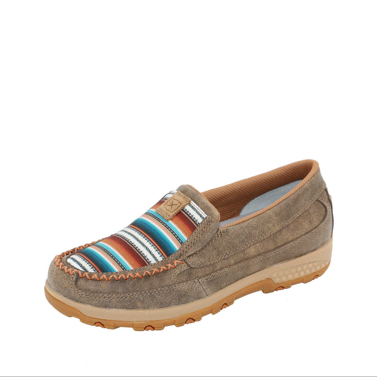 Brown slip-on shoe with colorful striped pattern on a white background