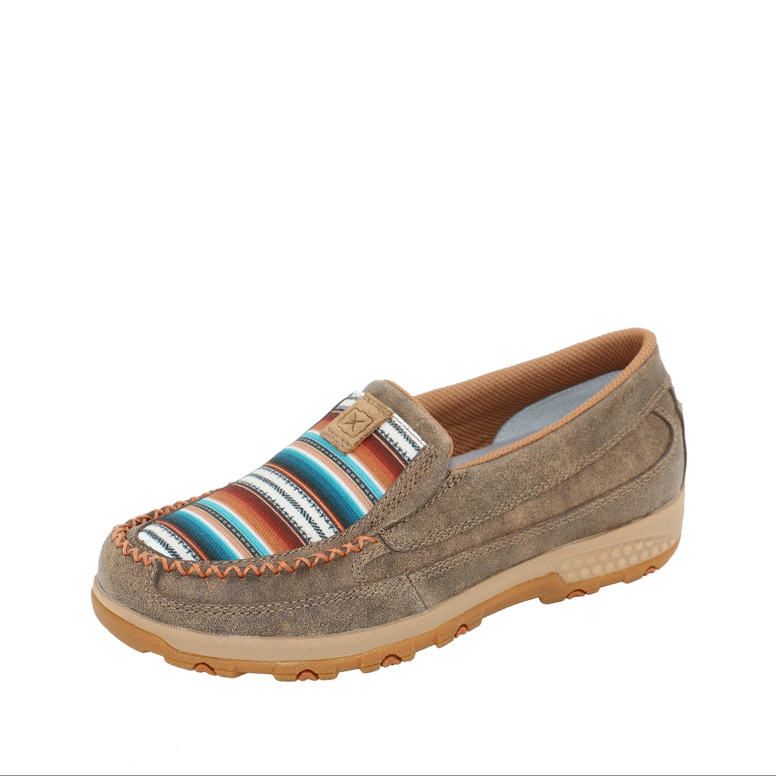 Brown slip-on shoe with colorful striped pattern on a white background