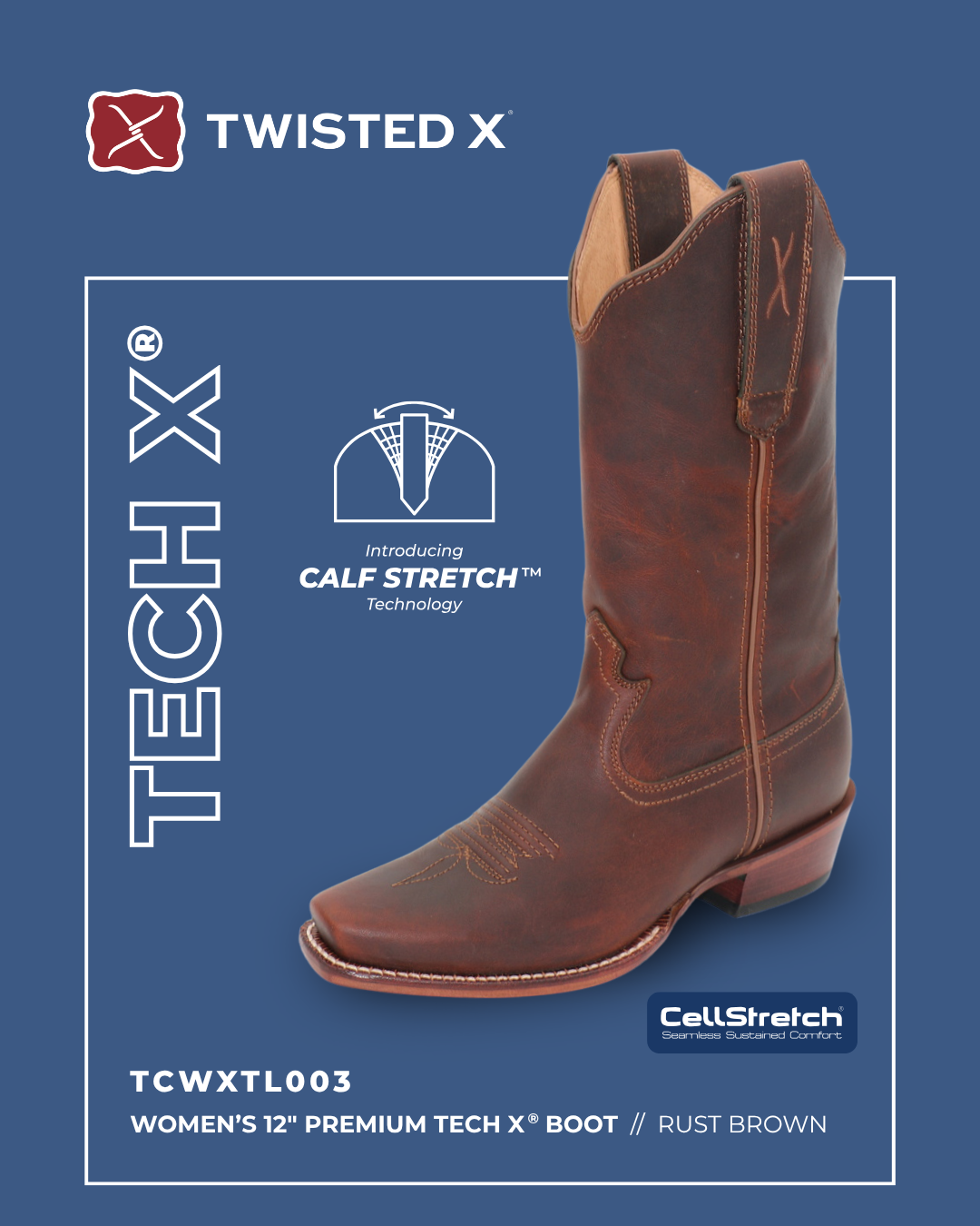 Brown boot with Twisted X branding on a blue background