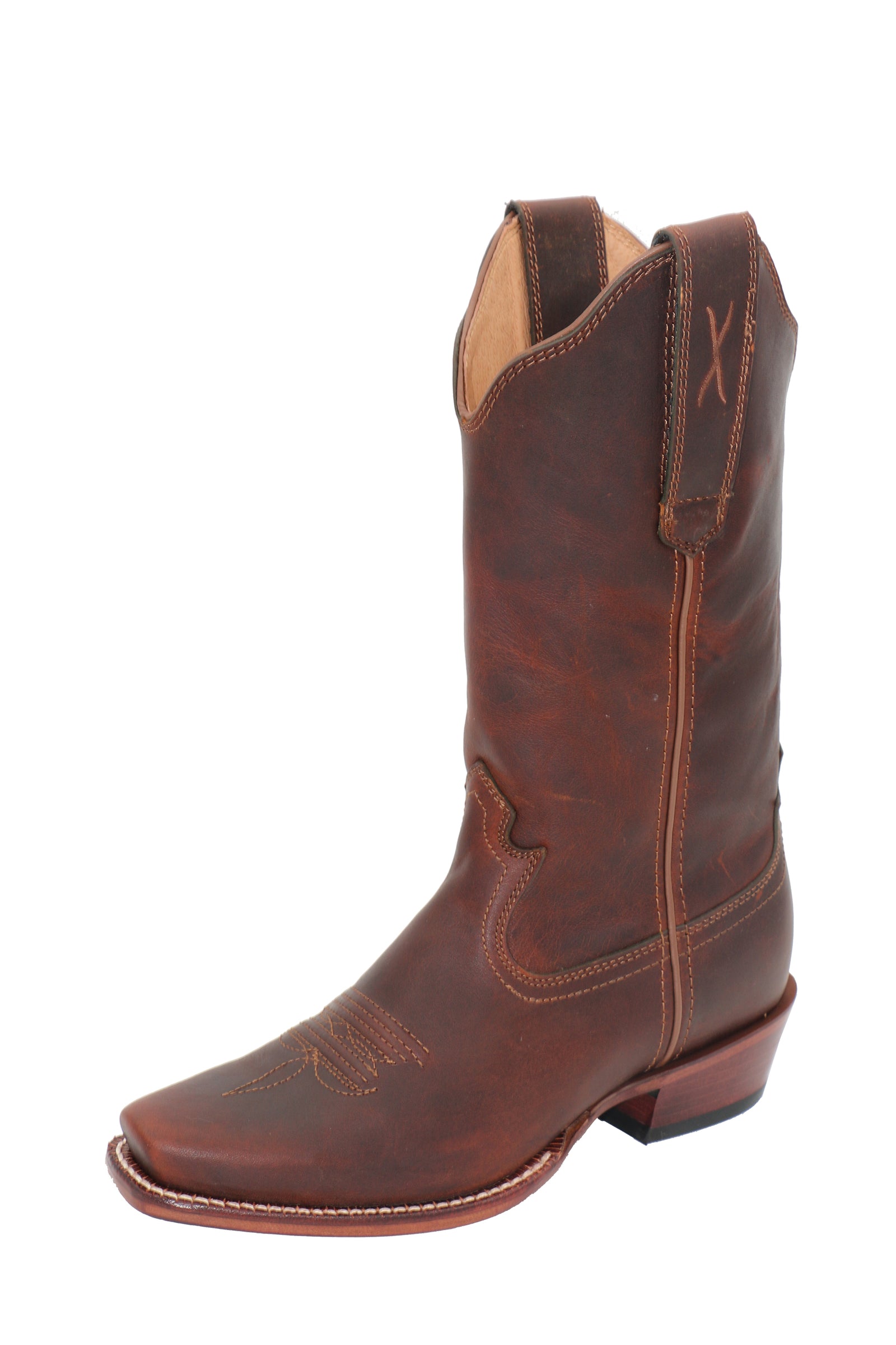 Brown leather cowboy boot on a white background