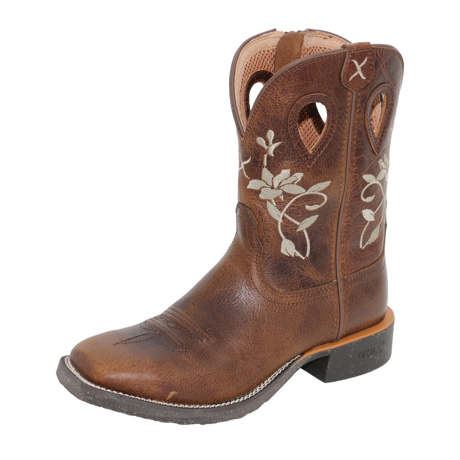 Twisted X Women's 9" Tech X 2 Zip Western Boot. Brown cowboy boot with floral embroidery on a white background