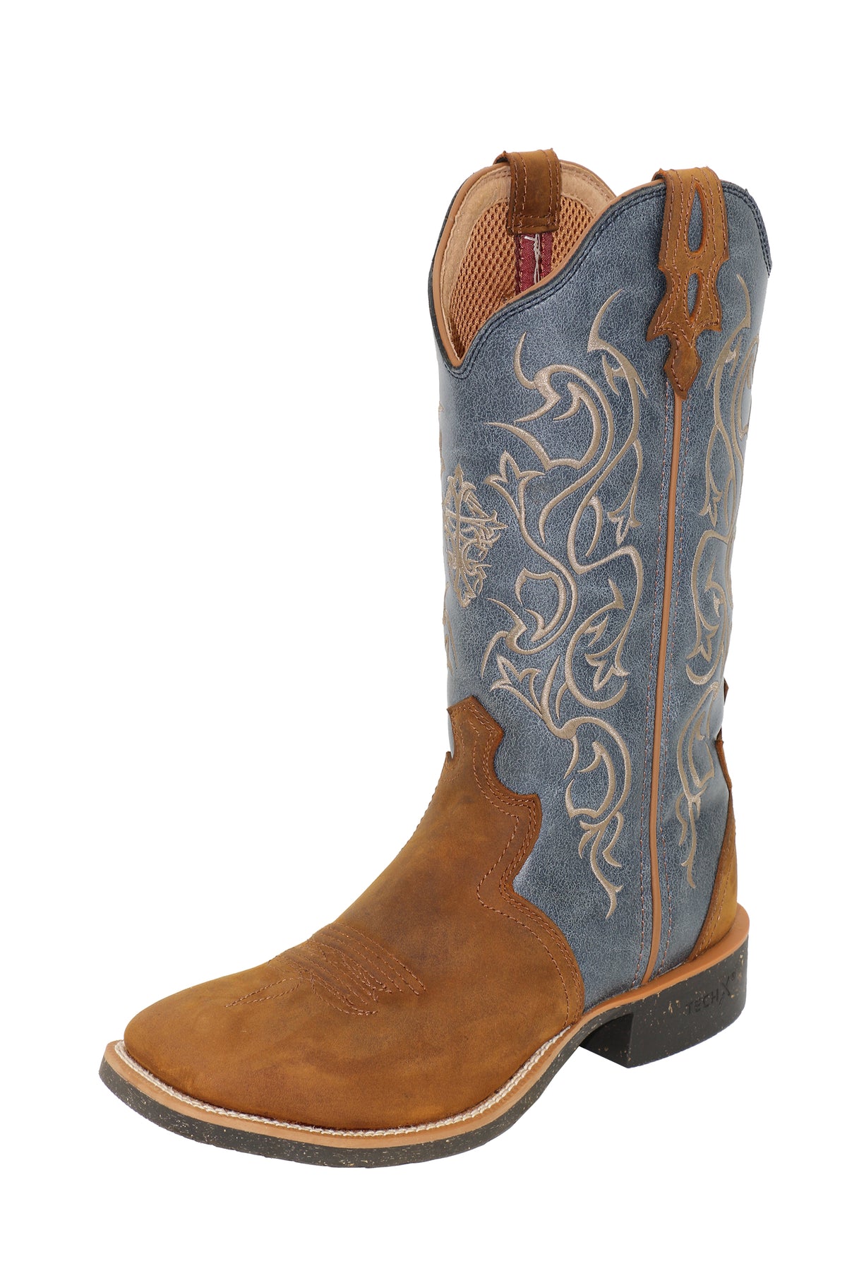 Brown and blue cowboy boot with intricate white embroidery on a white background