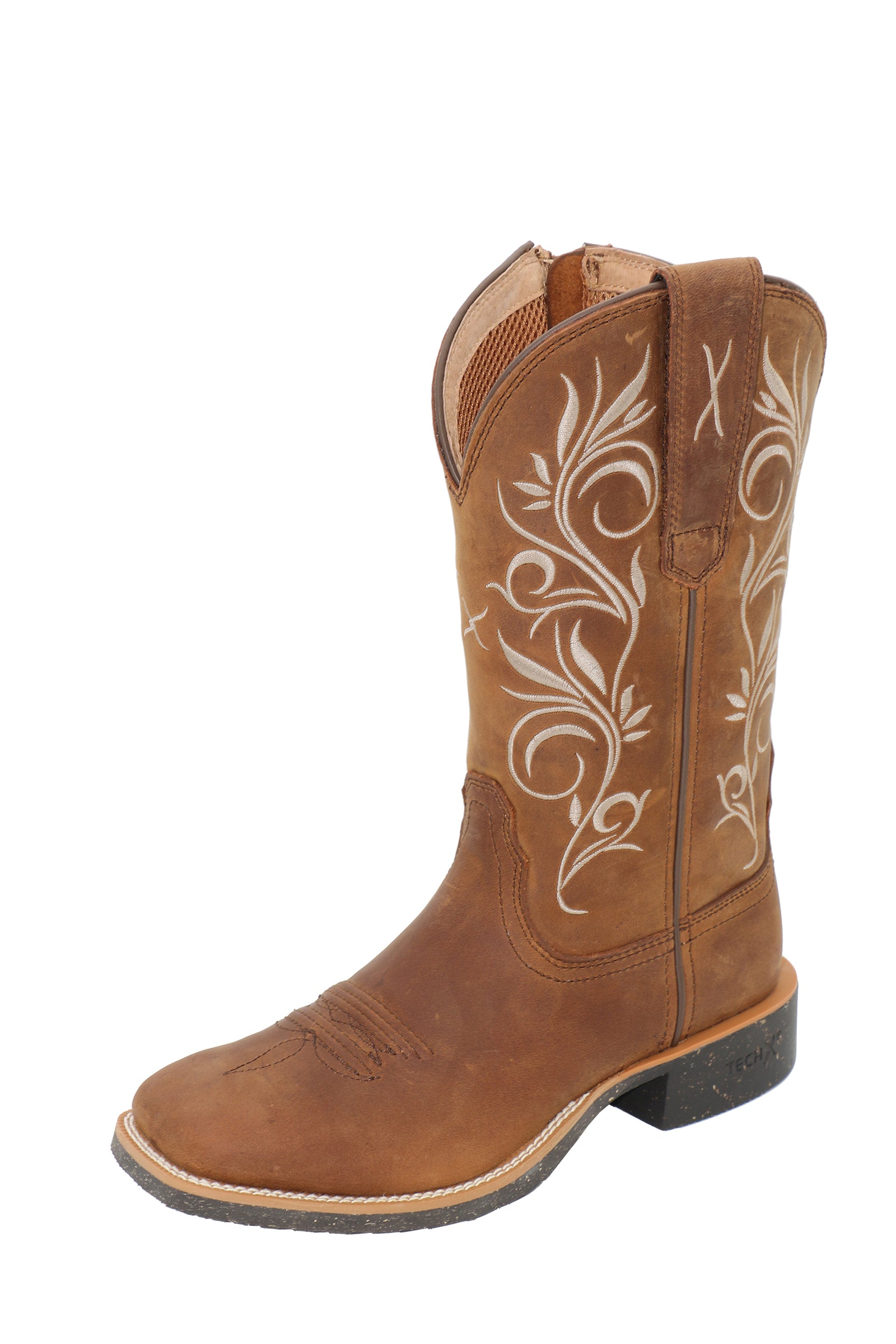 Brown cowboy boot with white floral patterns on a white background