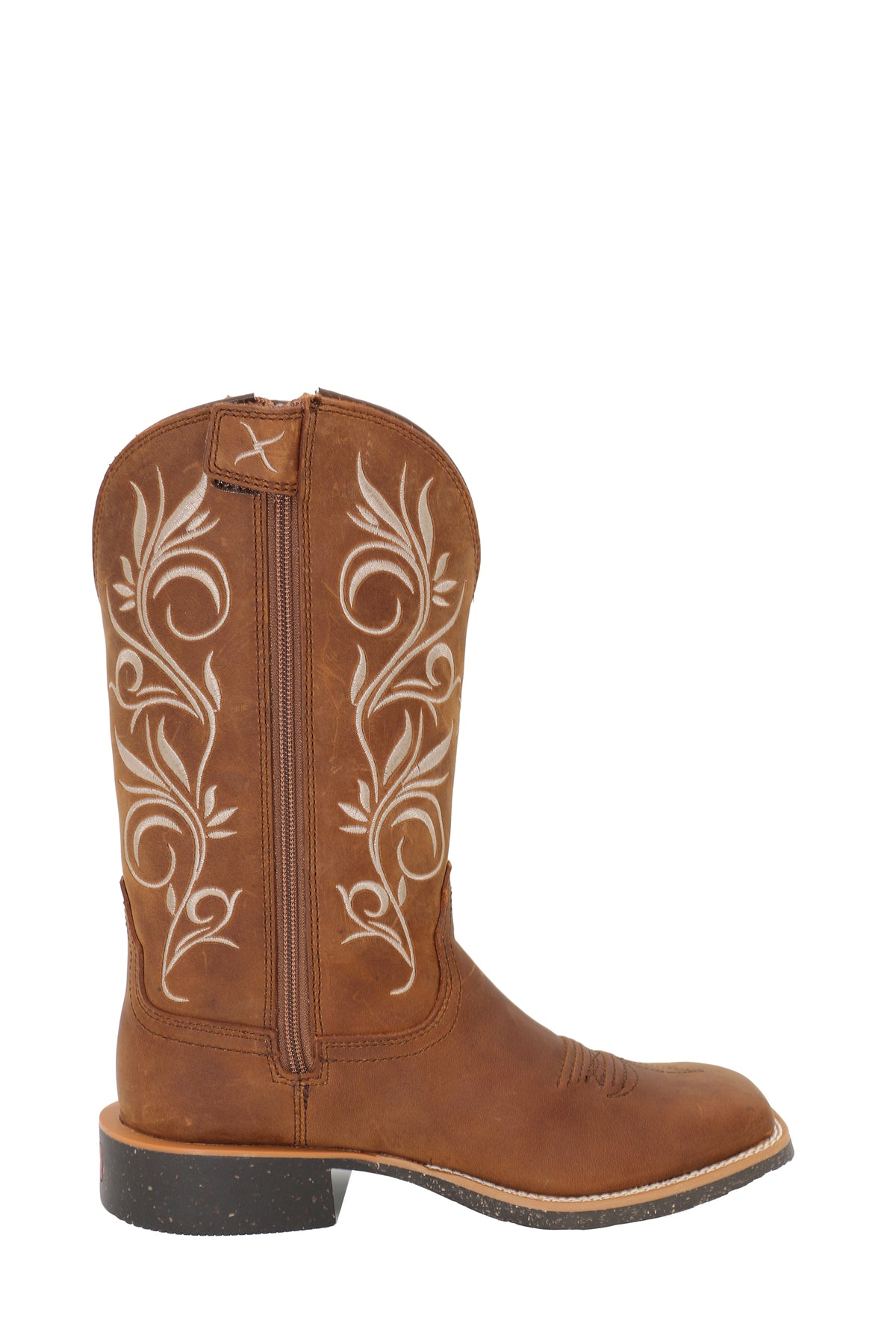 Brown cowboy boot with white embroidery on a white background