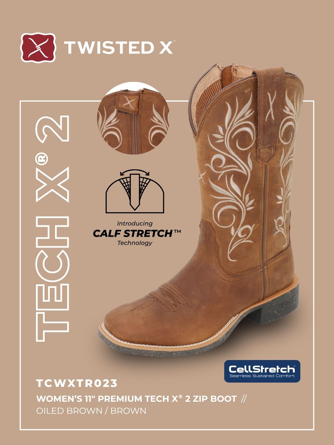 Brown cowboy boot with intricate white embroidery on a beige background, featuring Twisted X branding.